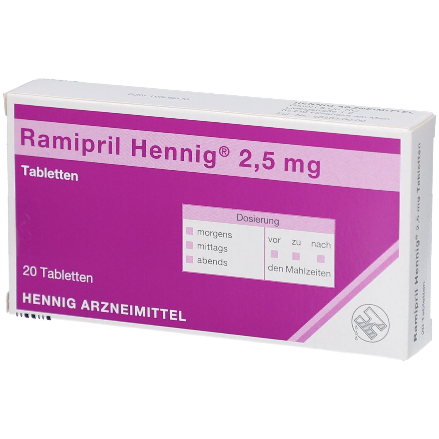 Schachtel RAMIPRIL Hennig 2,5 mg Tabletten. Weiß und lila. Text: Tabletten, 20 Tabletten, Hennig Arzneimittel. Dosierungstabelle.