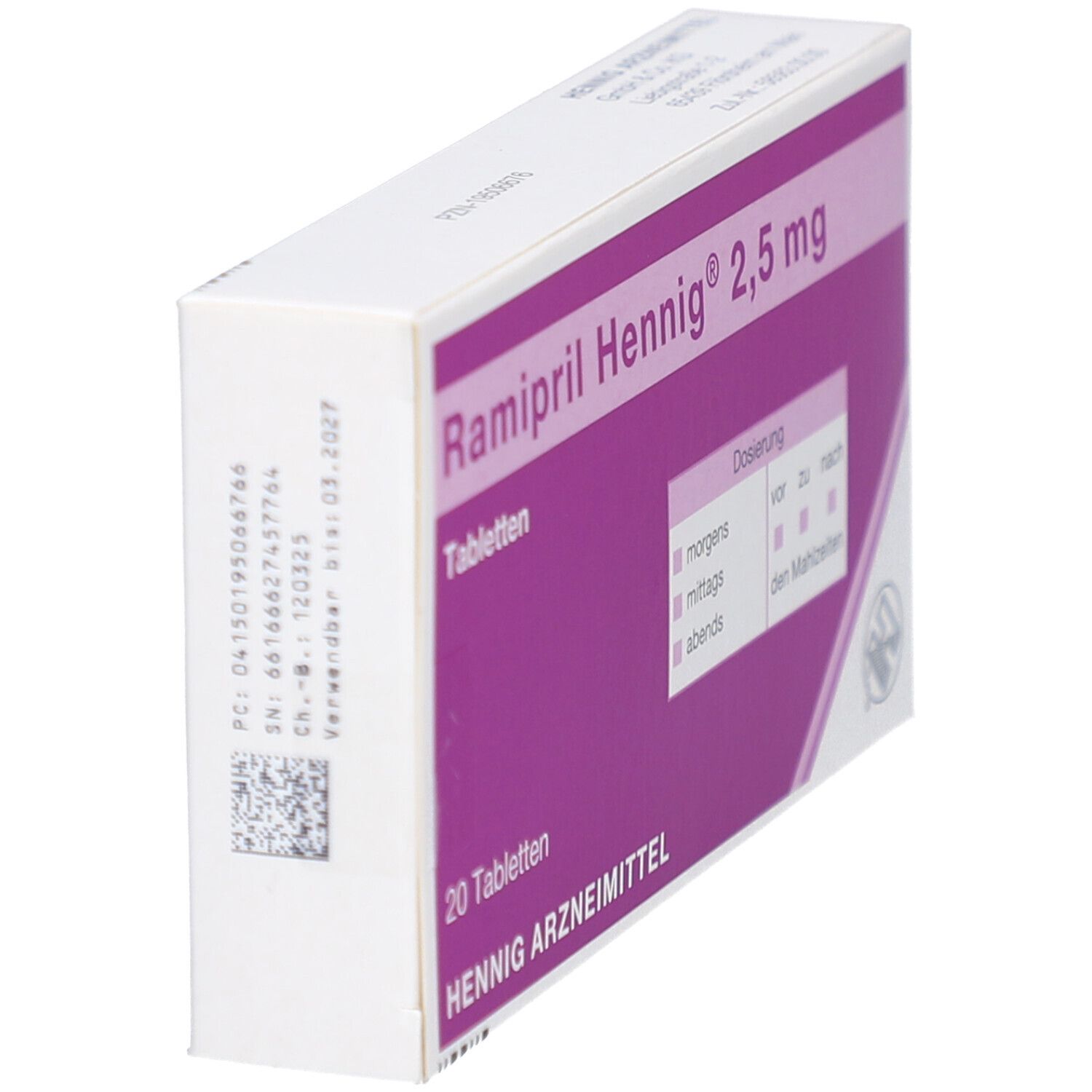 Schachtel RAMIPRIL Hennig 2,5 mg Tabletten, schräg. Weiß und lila. Text: Tabletten, 20 Tabletten, Hennig Arzneimittel. Dosierungstabelle.