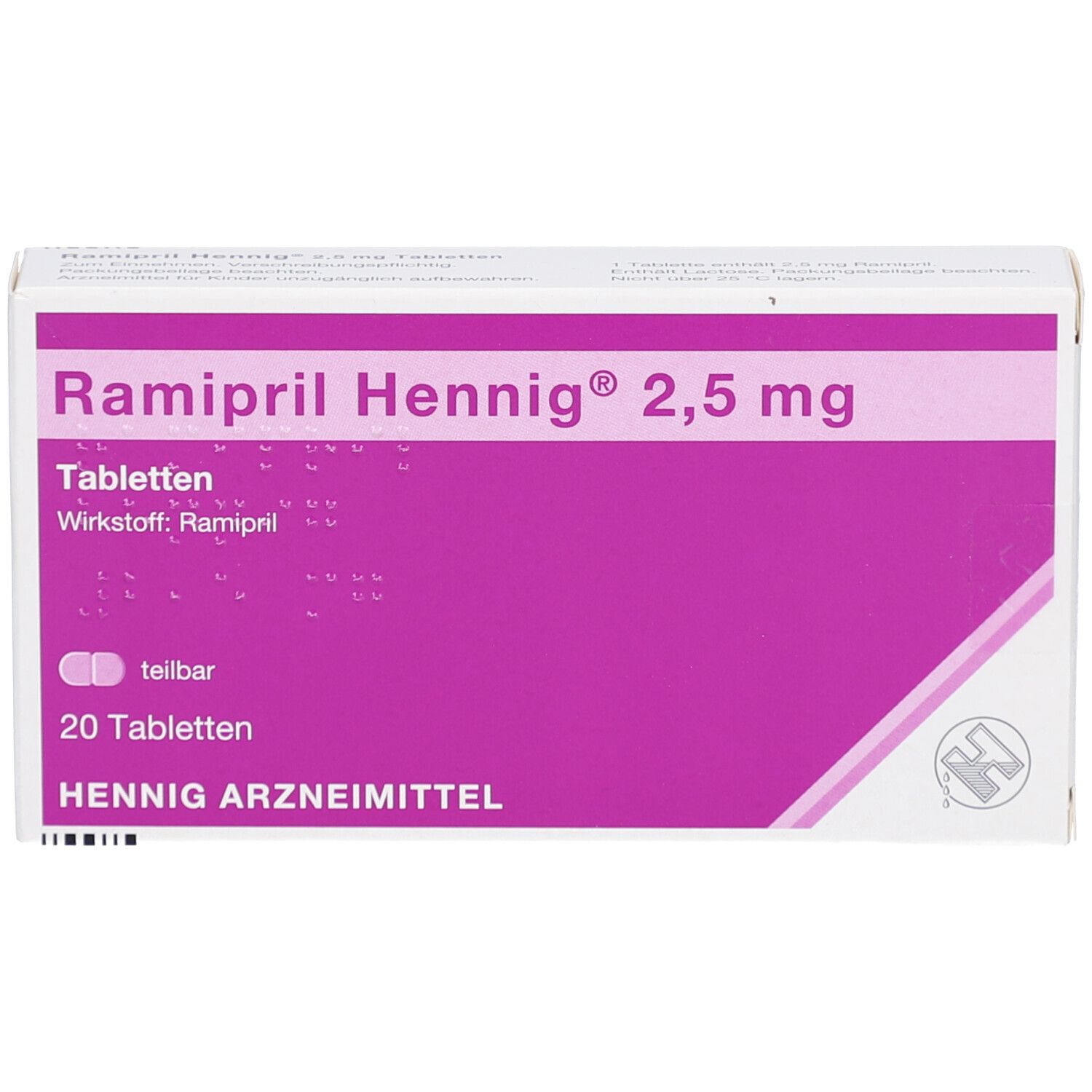 Schachtel RAMIPRIL Hennig 2,5 mg Tabletten. Lila und weiß. Text: Tabletten, 20 Tabletten, Hennig Arzneimittel. Teilbar.