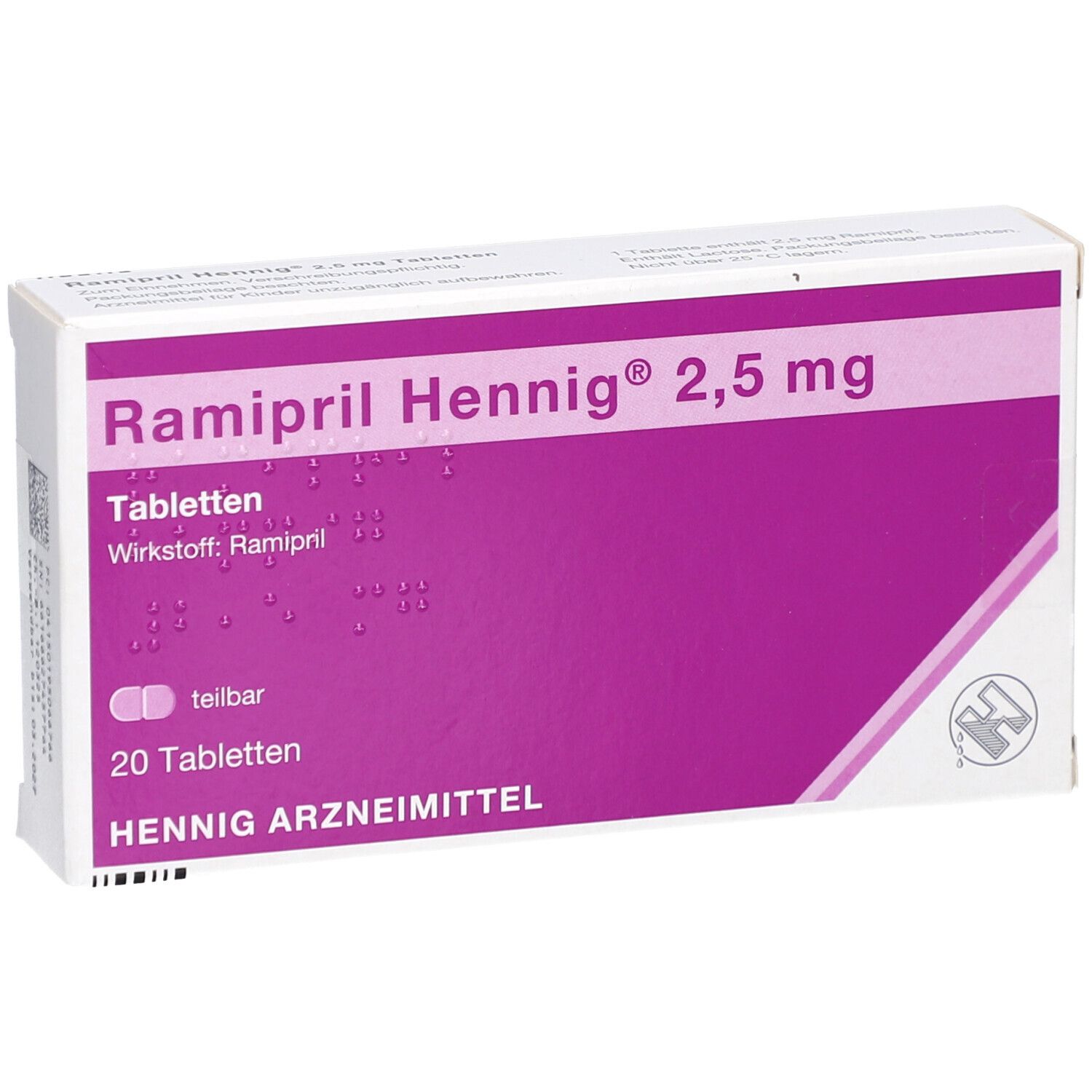Schachtel RAMIPRIL Hennig 2,5 mg Tabletten. Lila und weiß. Text: Tabletten, 20 Tabletten, Hennig Arzneimittel. Wirkstoff: Ramipril.