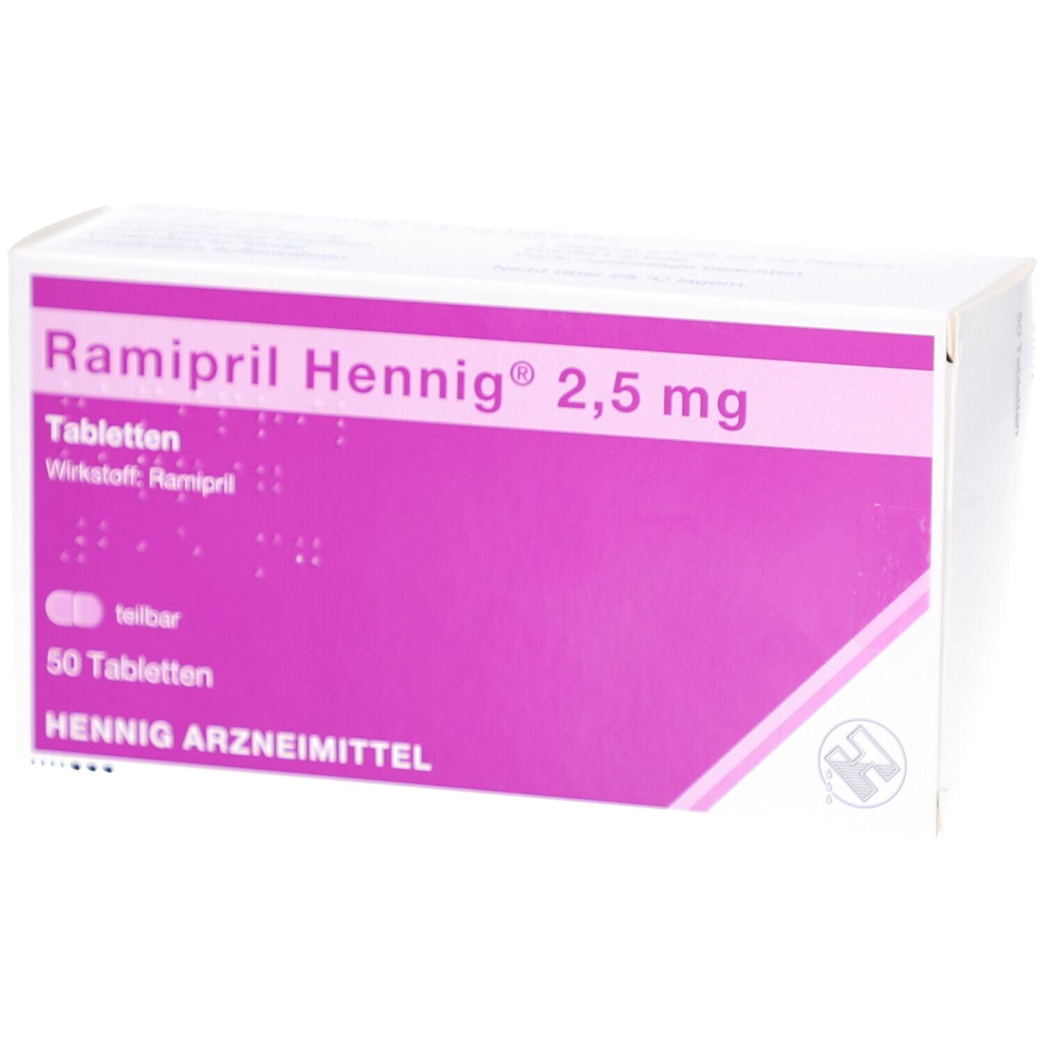 Tablettenpackung mit Aufschrift Ramipril Hennig 2,5 mg. Lila Feld mit Produktinformationen. 50 Tabletten. Hennig Arzneimittel.