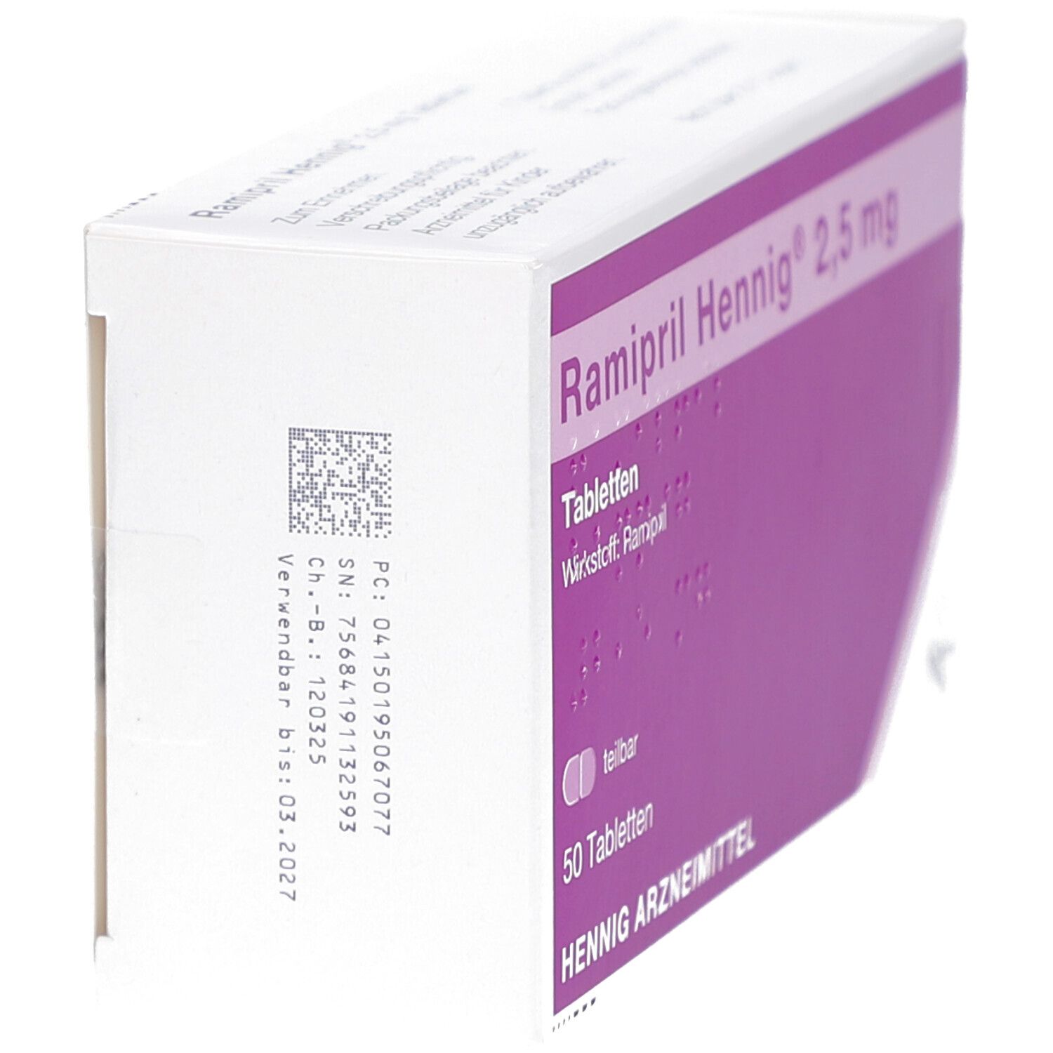 Tablettenpackung, Seitenansicht. Aufschrift Ramipril Hennig 2,5 mg. Informationen und Barcode. Verwendbar bis 03.2027.