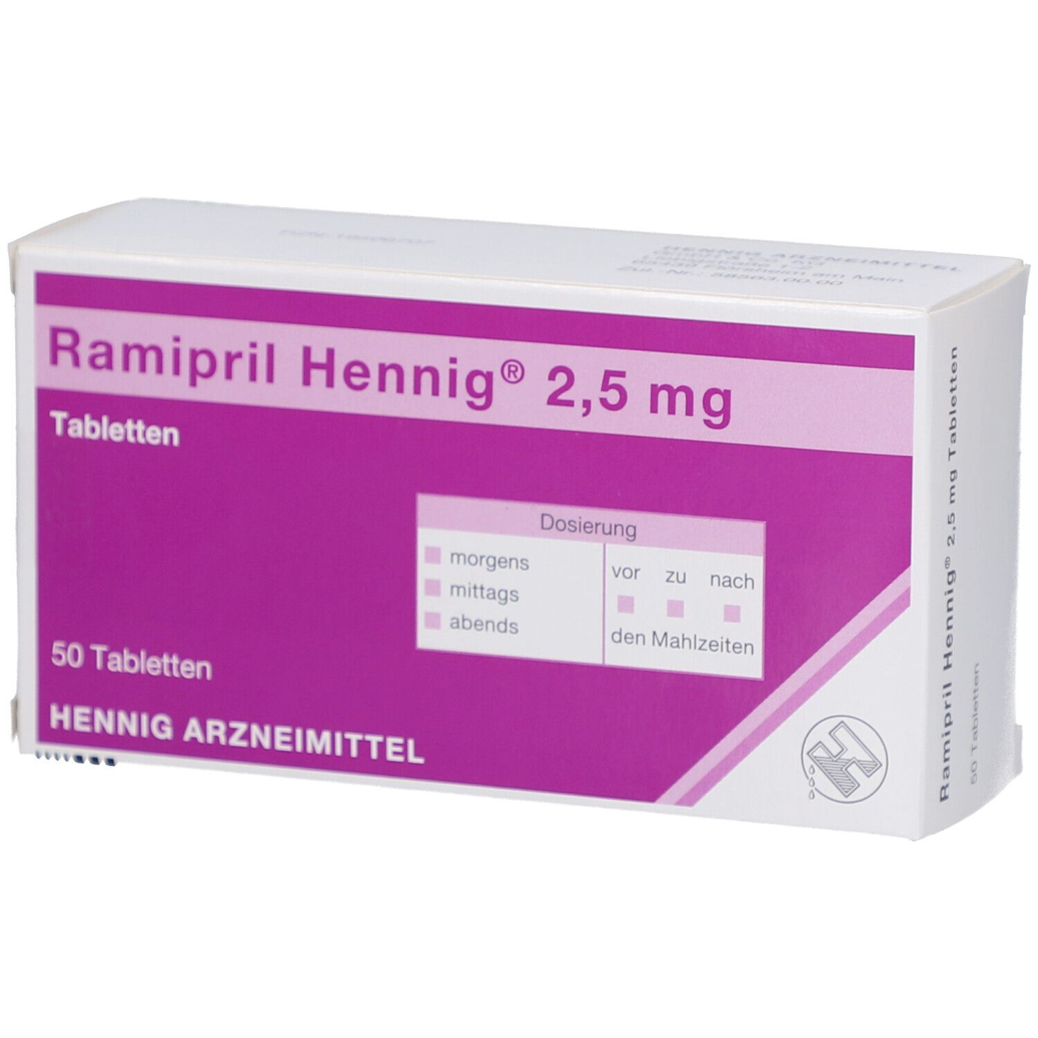 Tablettenpackung mit Aufschrift Ramipril Hennig 2,5 mg. Lila Feld mit Dosierungsanleitung. 50 Tabletten. Hennig Arzneimittel.
