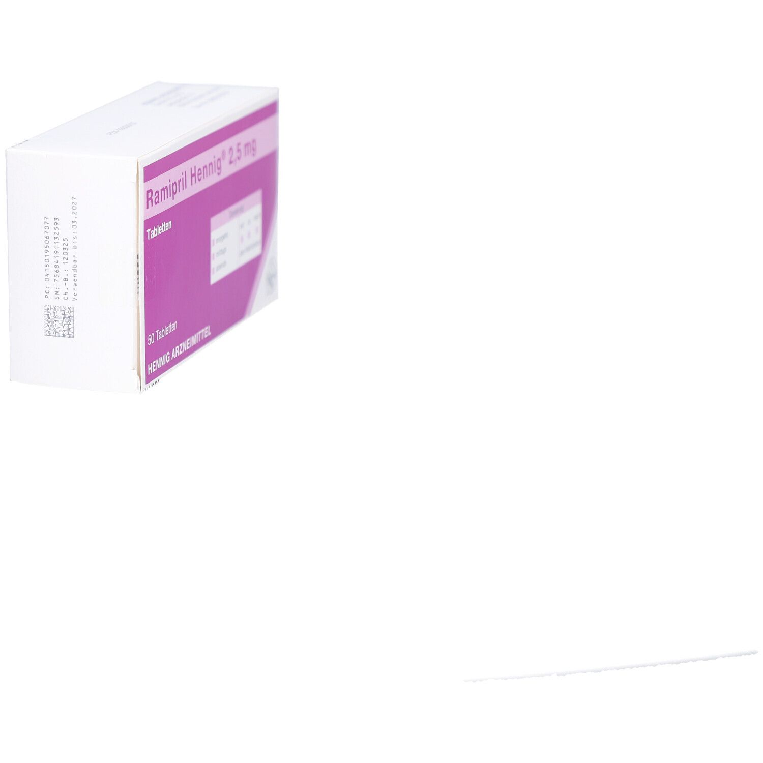 Tablettenpackung, schräg von der Seite. Aufschrift Ramipril Hennig 2,5 mg. Lila Feld mit Produktinformationen. 50 Tabletten.