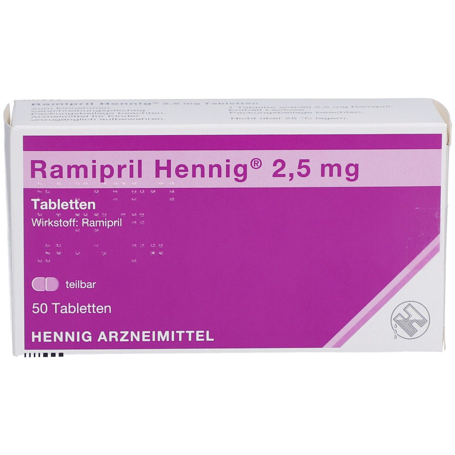 Tablettenpackung mit Aufschrift Ramipril Hennig 2,5 mg. Lila Feld mit Produktinformationen. 50 Tabletten. Hennig Arzneimittel.