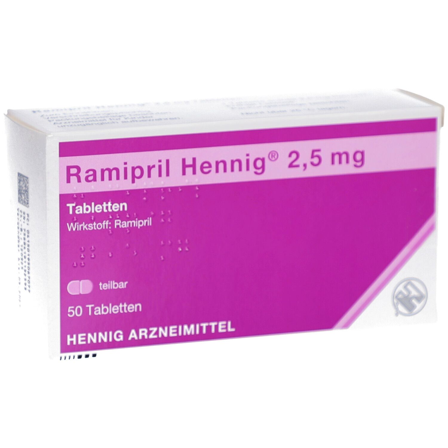 Tablettenpackung mit Aufschrift Ramipril Hennig 2,5 mg. Lila Feld mit Produktinformationen. 50 Tabletten. Hennig Arzneimittel.