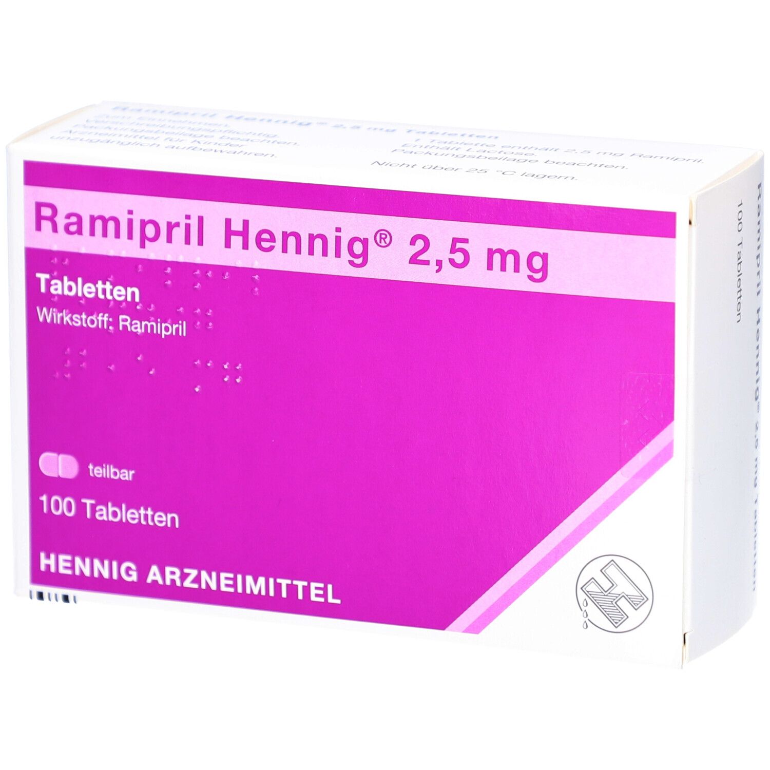 Schachtel mit Ramipril Hennig 2,5 mg Tabletten. Lila und weiße Farbgebung. 100 Tabletten. Hennig Arzneimittel.