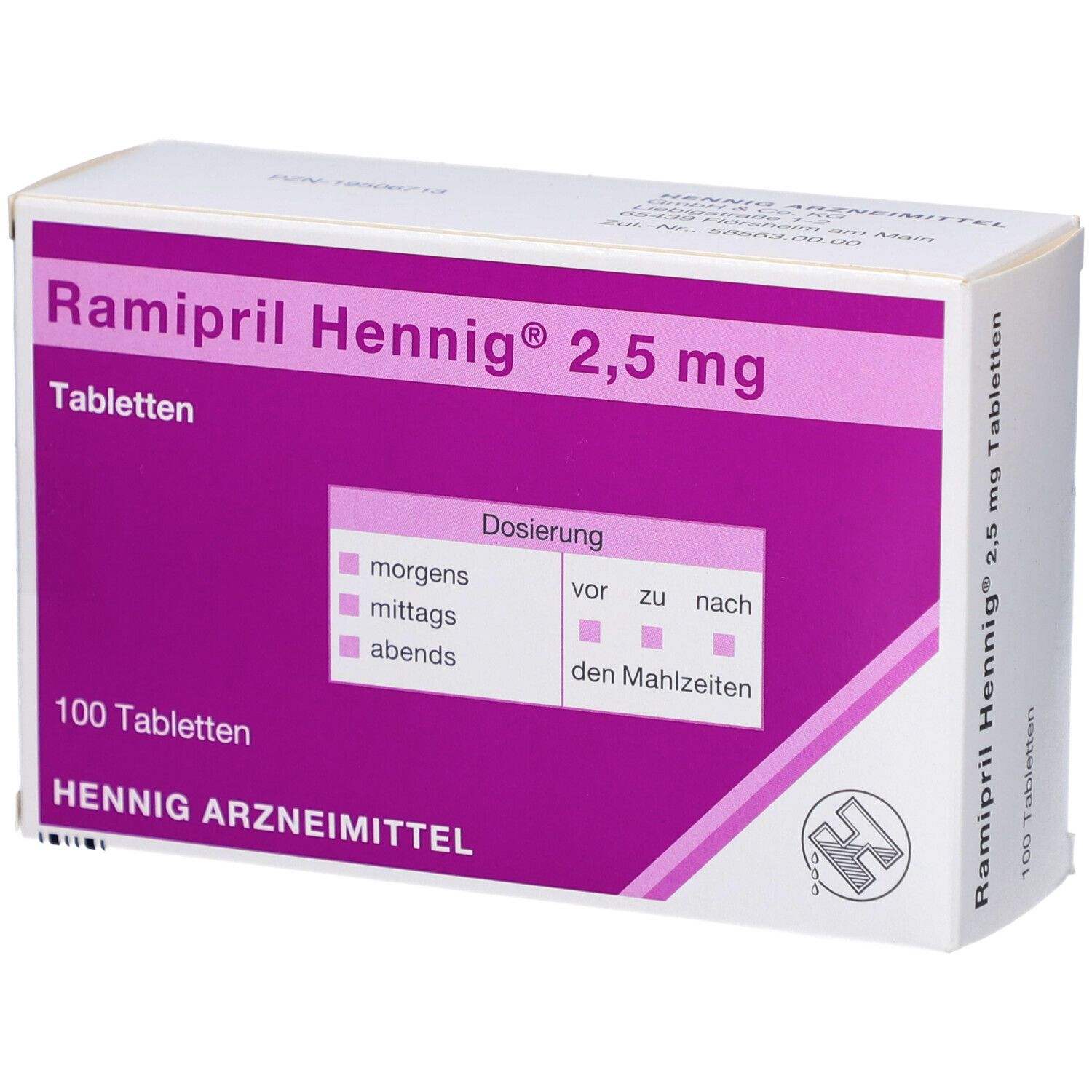 Schachtel mit Ramipril Hennig 2,5 mg Tabletten. Dosierungsangaben. 100 Tabletten. Hennig Arzneimittel.