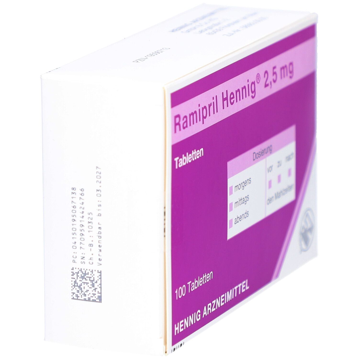 Schachtel mit Ramipril Hennig 2,5 mg Tabletten. Seitenansicht mit Dosierungsangaben. 100 Tabletten. Hennig Arzneimittel.