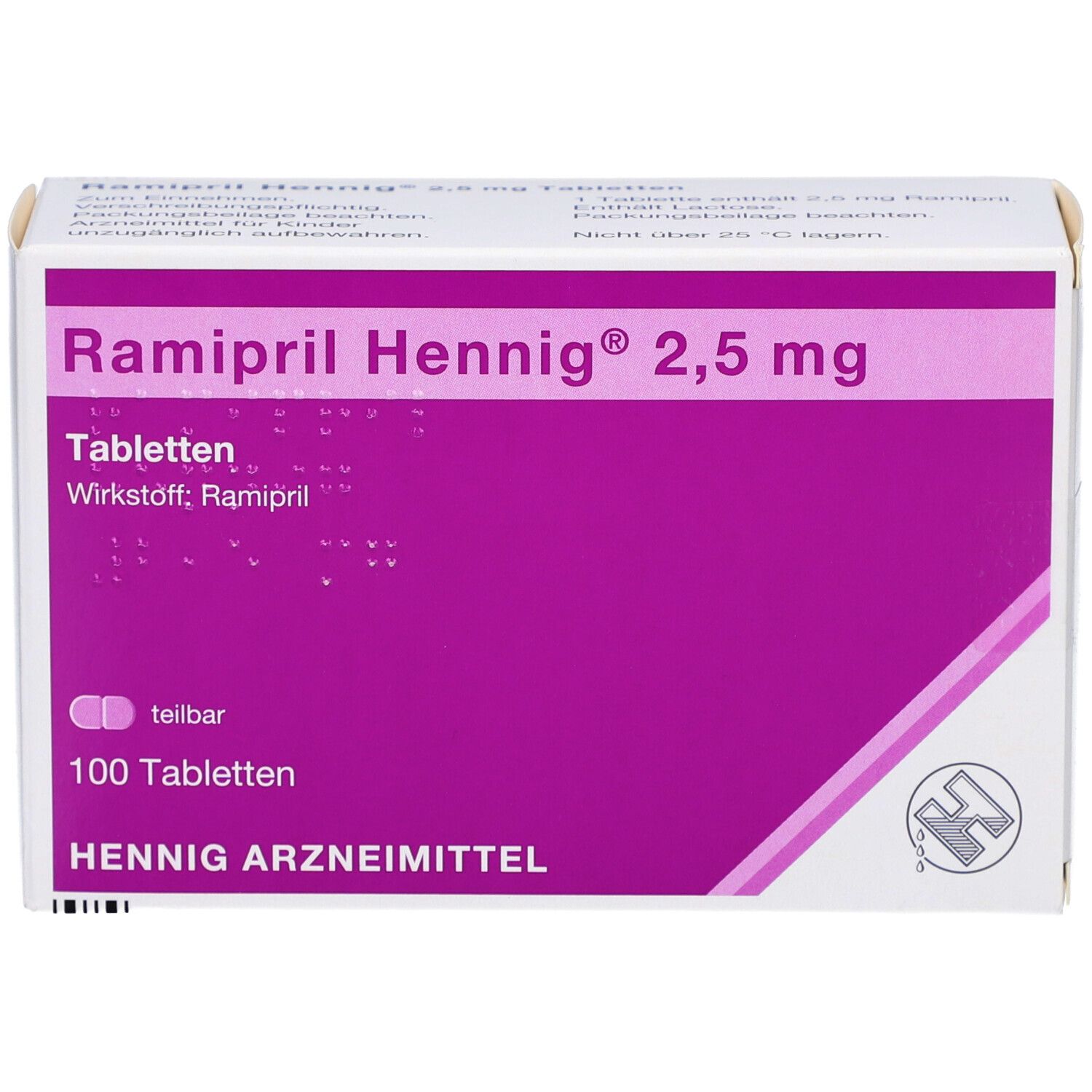 Schachtel mit Ramipril Hennig 2,5 mg Tabletten. Lila und weiße Farbgebung. 100 Tabletten. Hennig Arzneimittel.