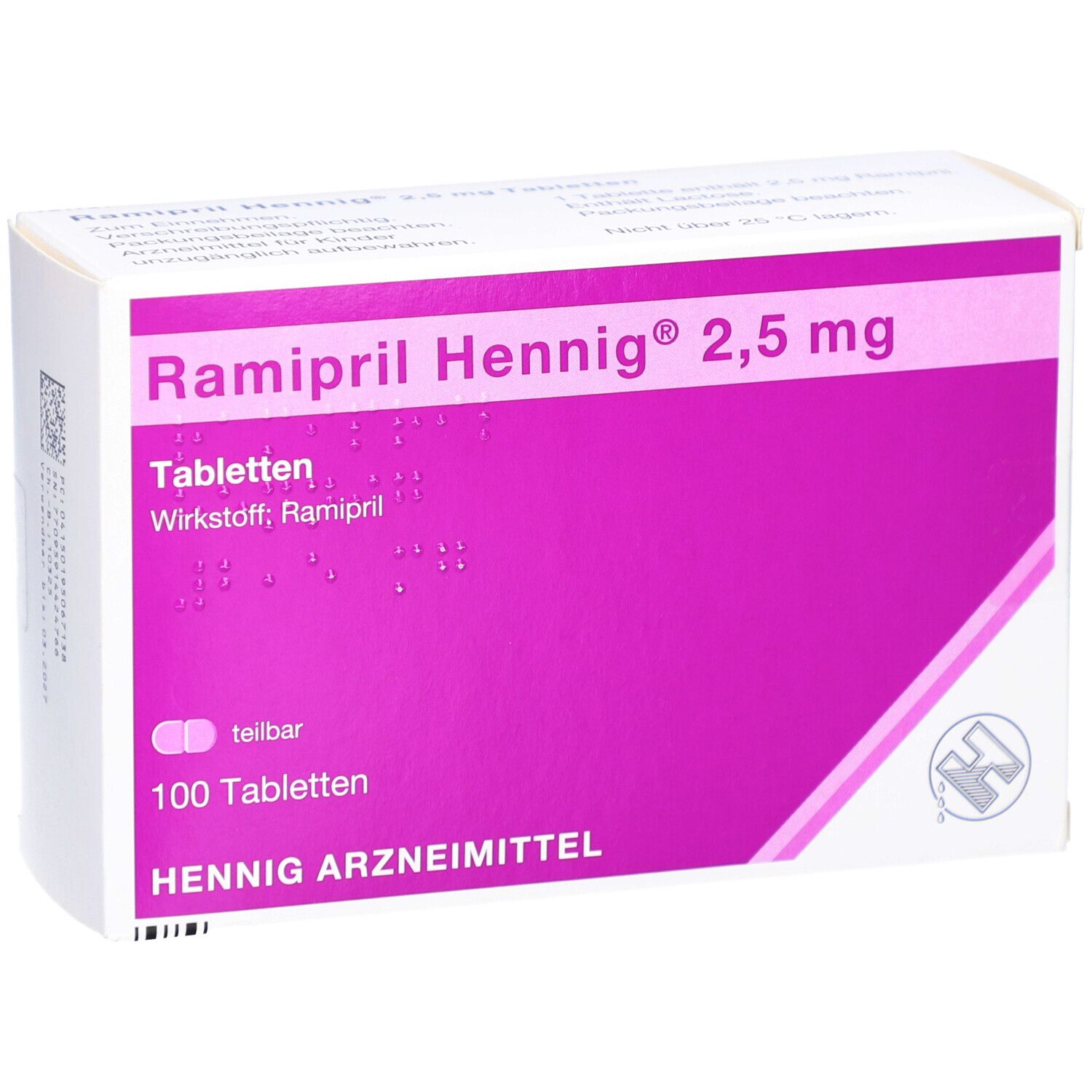 Schachtel mit Ramipril Hennig 2,5 mg Tabletten. Lila und weiße Farbgebung. 100 Tabletten. Hennig Arzneimittel.