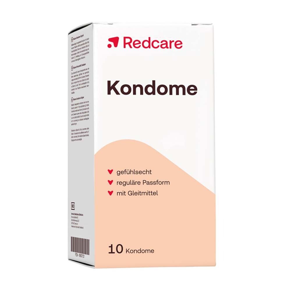 Verpackung von Redcare Kondome. Enthält 10 Kondome. Merkmale: Gefühlsecht, reguläre Passform, mit Gleitmittel.