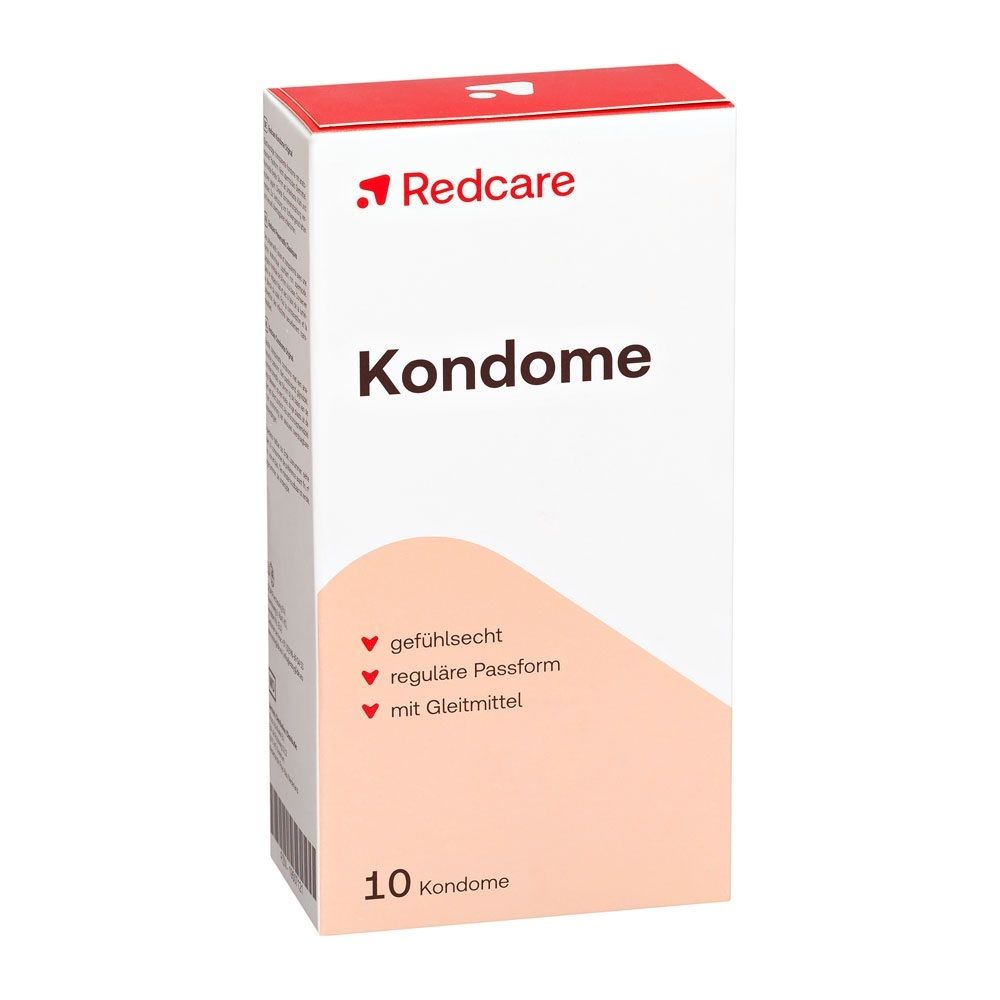 Redcare Kondome Packung mit 10 Stück. Mit Gleitmittel, regulärer Passform und gefühlsecht.