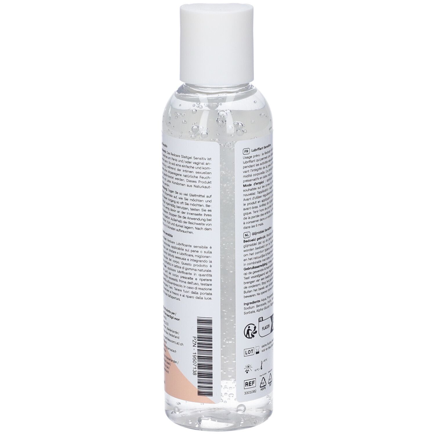 Rückseite der Flasche. Etikett mit Produktinformationen, Inhaltsstoffen und Herstellerangaben. Text in mehreren Sprachen.