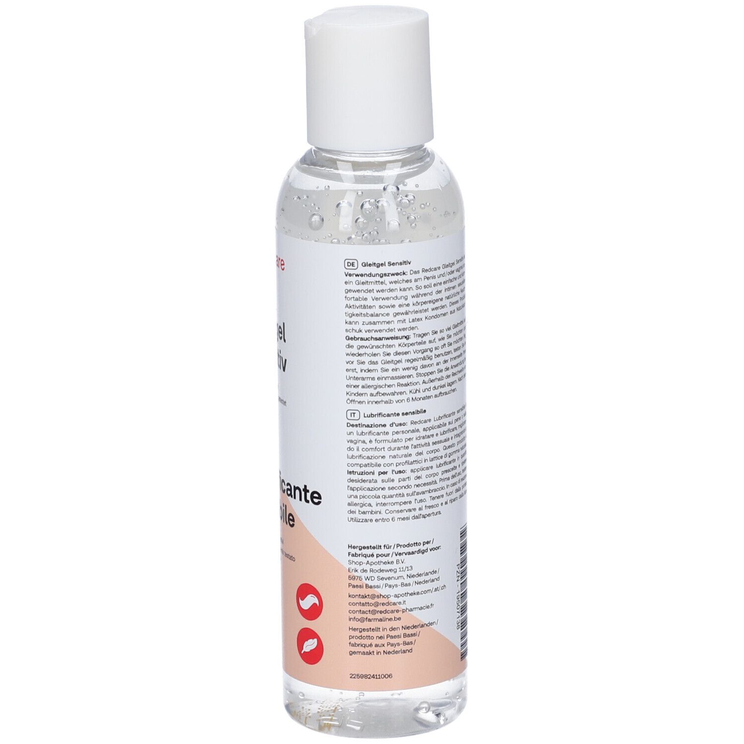 Rückseite der Flasche. Etikett mit Produktinformationen, Inhaltsstoffen und Herstellerangaben. Text in mehreren Sprachen.