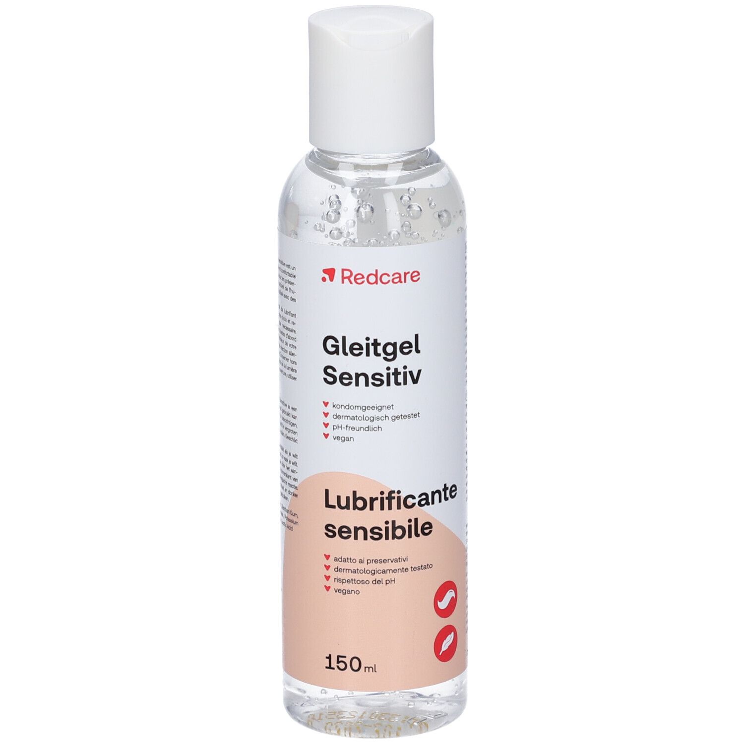 Klare Flasche mit weißem Deckel. Etikett mit Produktnamen, Marke Redcare und Inhaltsangaben. 150ml.