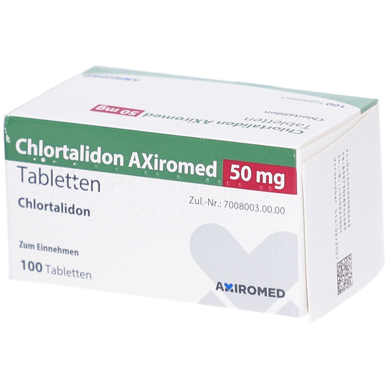 Schachtel mit Chlortalidon AXiromed 50 mg Tabletten. Grün-weißes Design mit Produktnamen und Dosierung. Enthält 100 Tabletten.