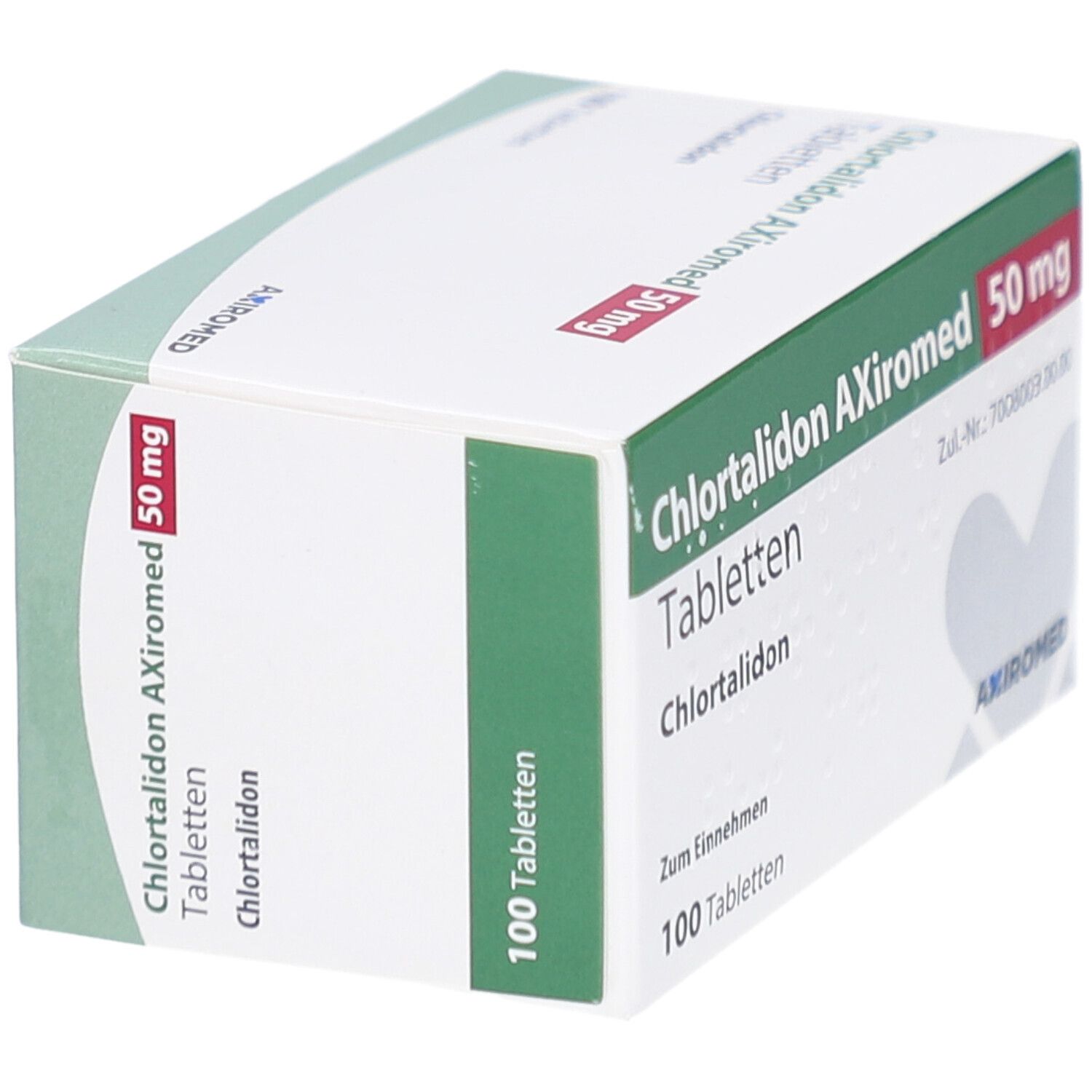 Schachtel mit Chlortalidon AXiromed 50 mg Tabletten. Grün-weißes Design. Enthält 100 Tabletten. Ansicht von der Seite.