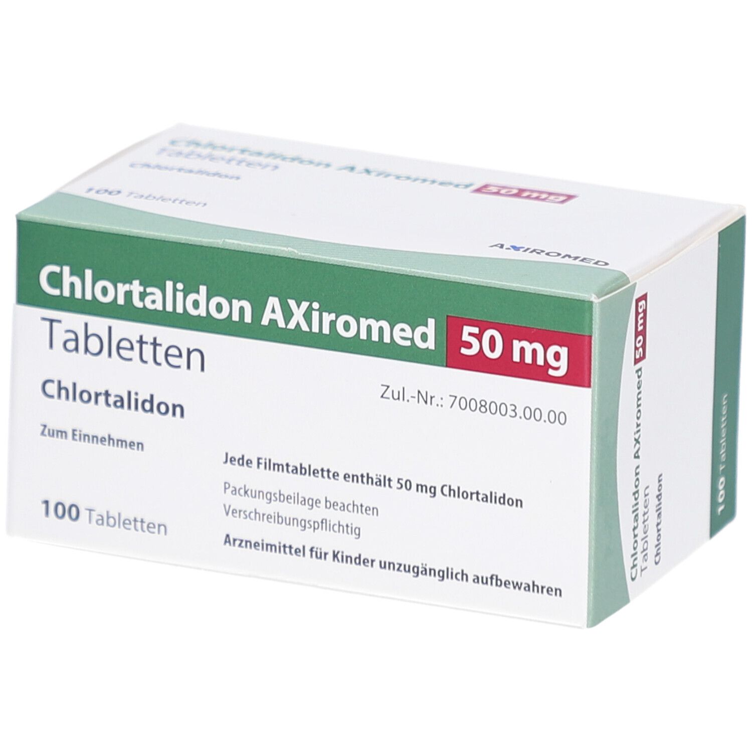 Schachtel mit Chlortalidon AXiromed 50 mg Tabletten. Grün-weißes Design. Enthält 100 Tabletten. Textinformationen auf der Verpackung.