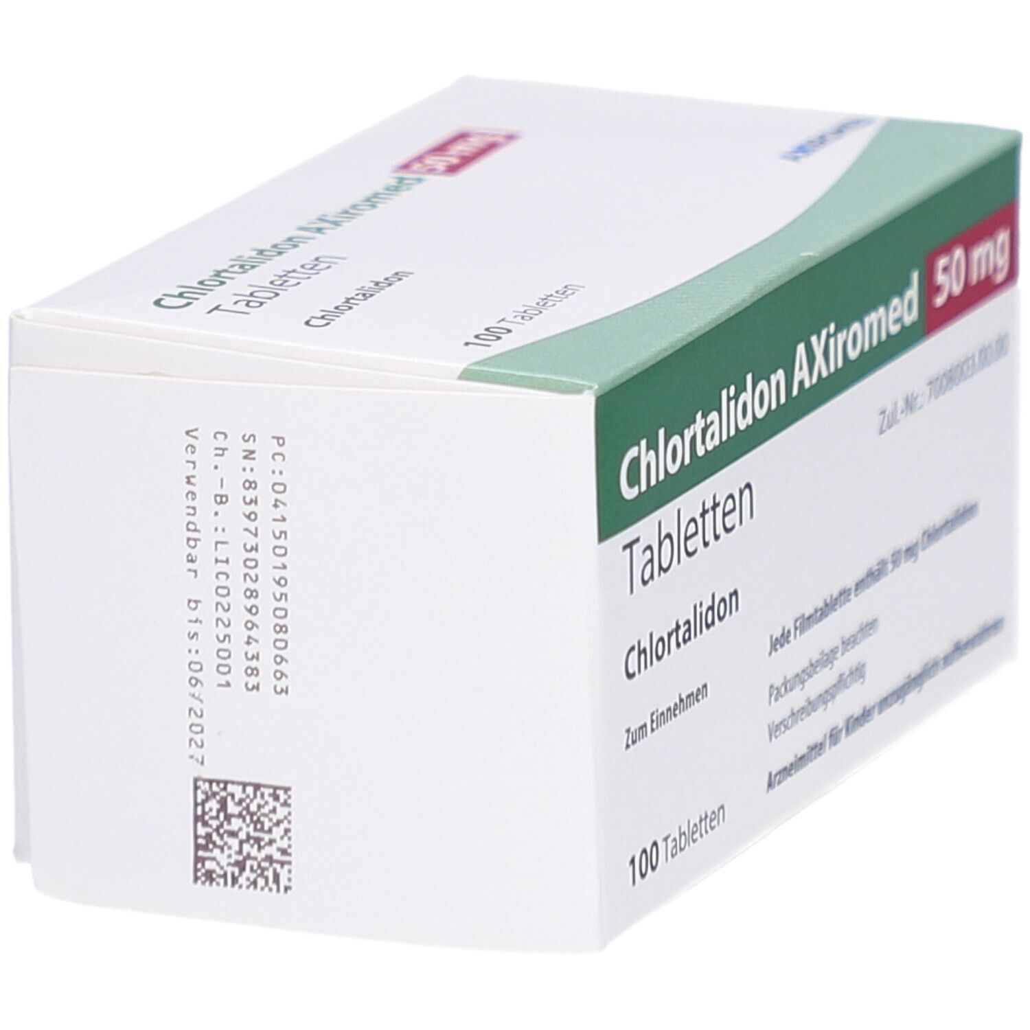Schachtel mit Chlortalidon AXiromed 50 mg Tabletten. Grün-weißes Design. Enthält 100 Tabletten. Detailansicht mit Text.