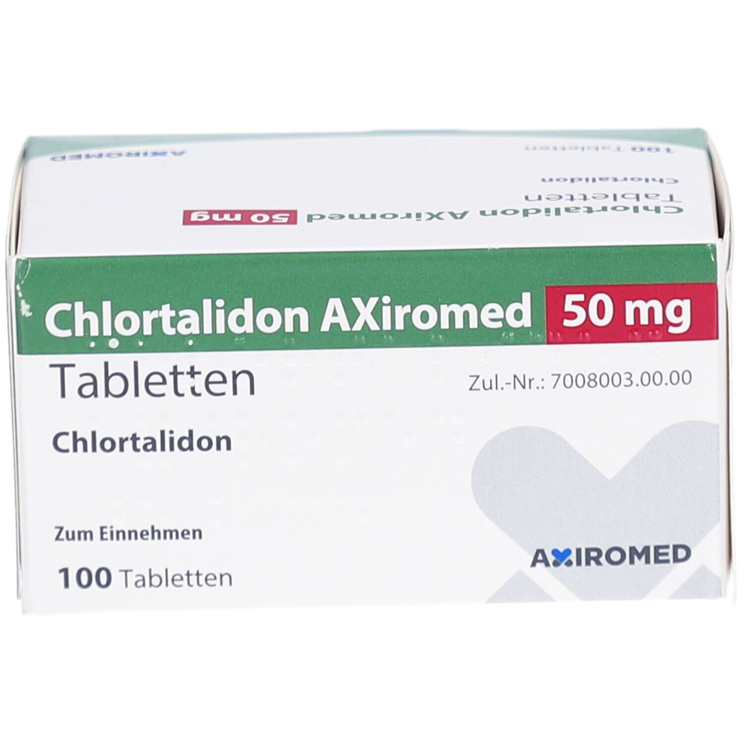 Schachtel mit Chlortalidon AXiromed 50 mg Tabletten. Grün-weißes Design. Enthält 100 Tabletten. Draufsicht.
