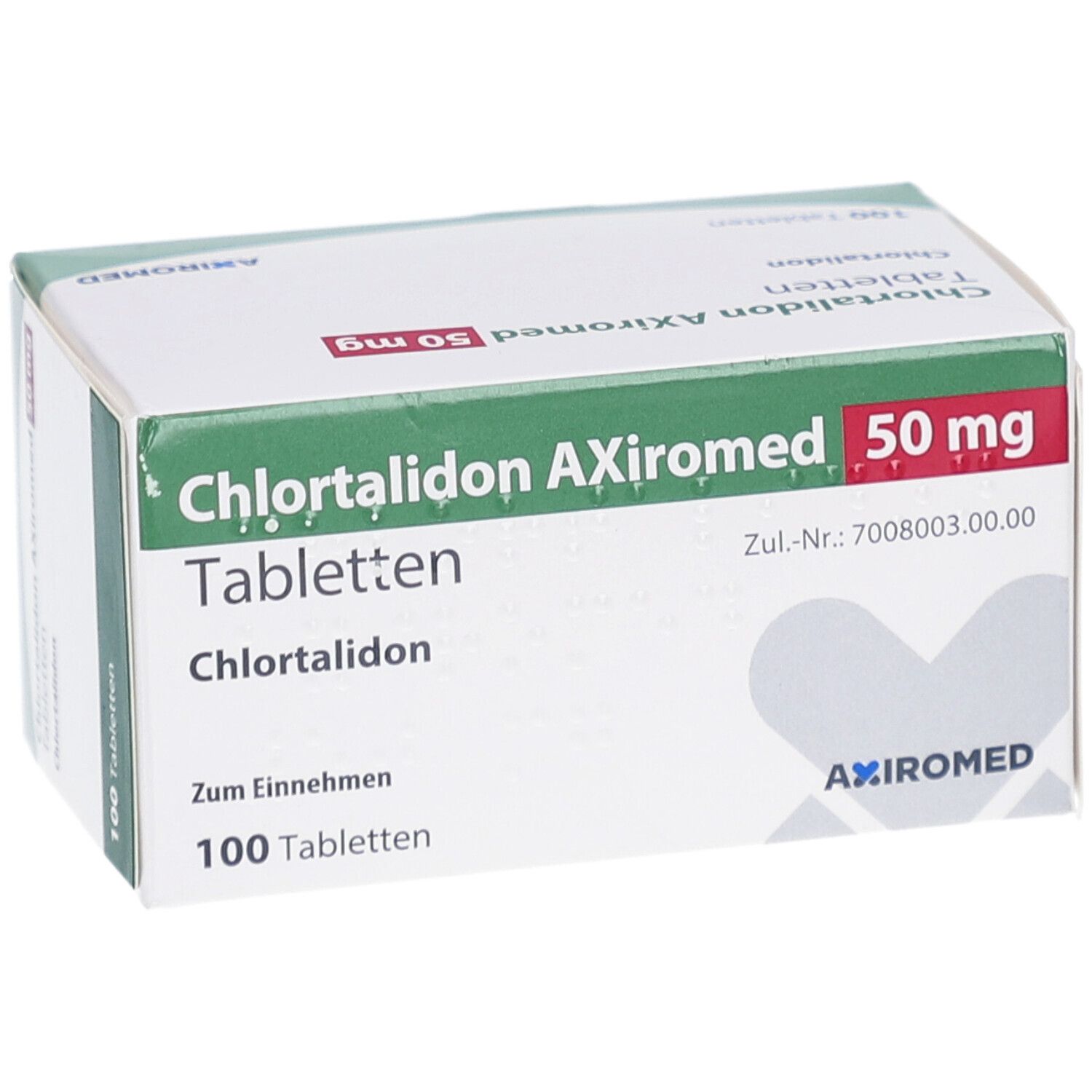 Schachtel mit Chlortalidon AXiromed 50 mg Tabletten. Grün-weißes Design. Enthält 100 Tabletten. Schräge Ansicht.
