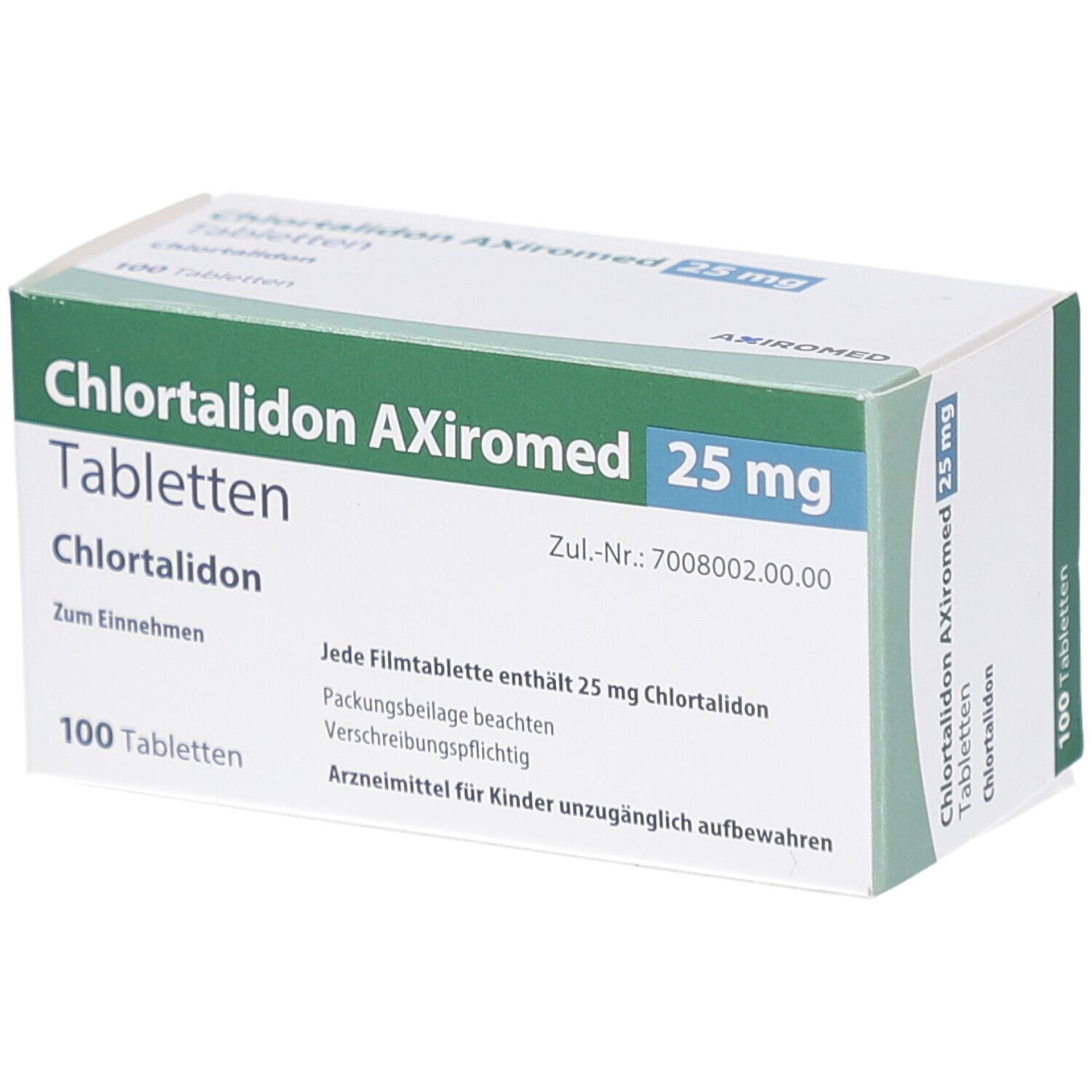 Schachtel mit Tabletten. Aufschrift: Chlortalidon AXiromed 25 mg Tabletten. 100 Tabletten. Grün-weiße Verpackung.