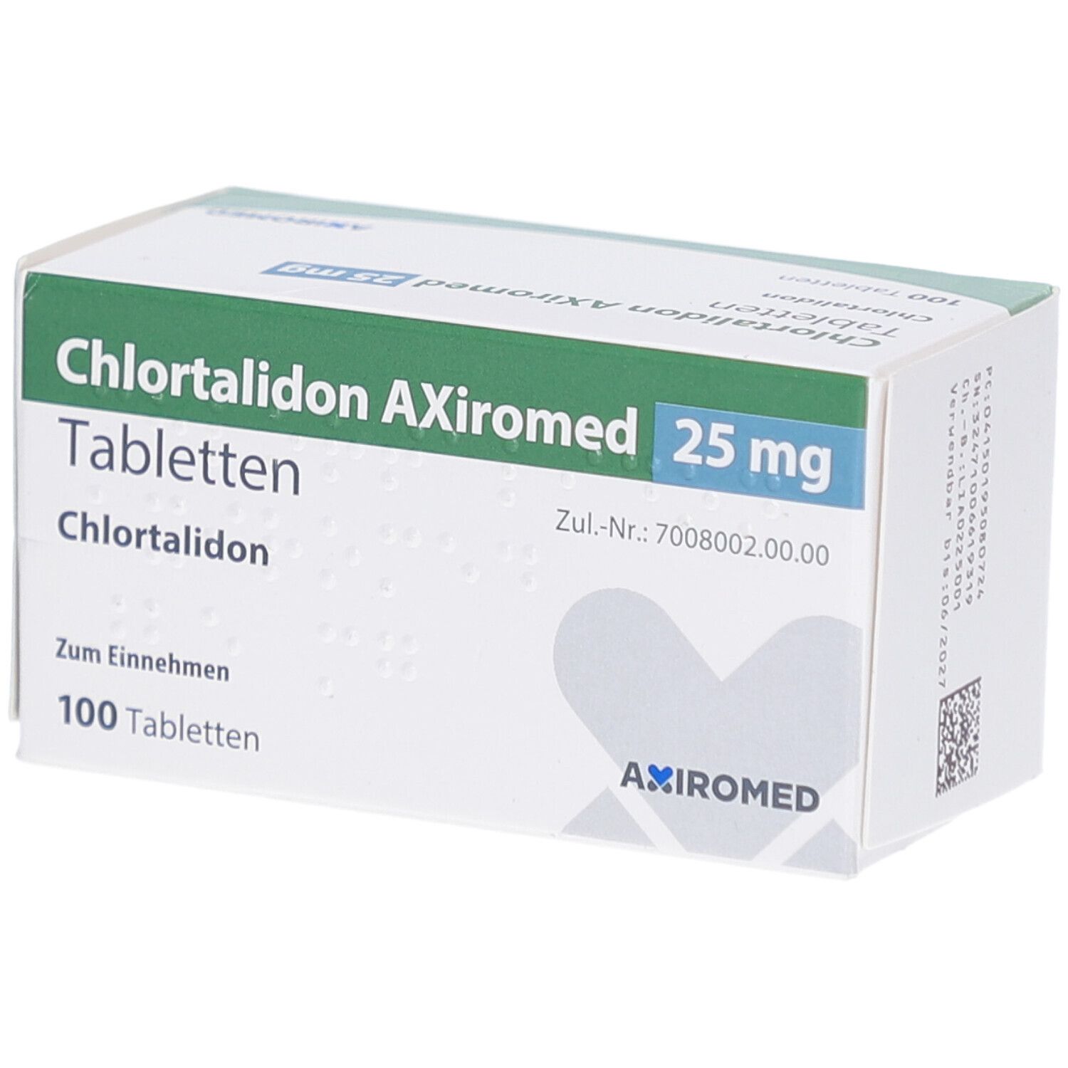 Schachtel mit Tabletten. Aufschrift: Chlortalidon AXiromed 25 mg Tabletten. 100 Tabletten. Grün-weiße Verpackung.