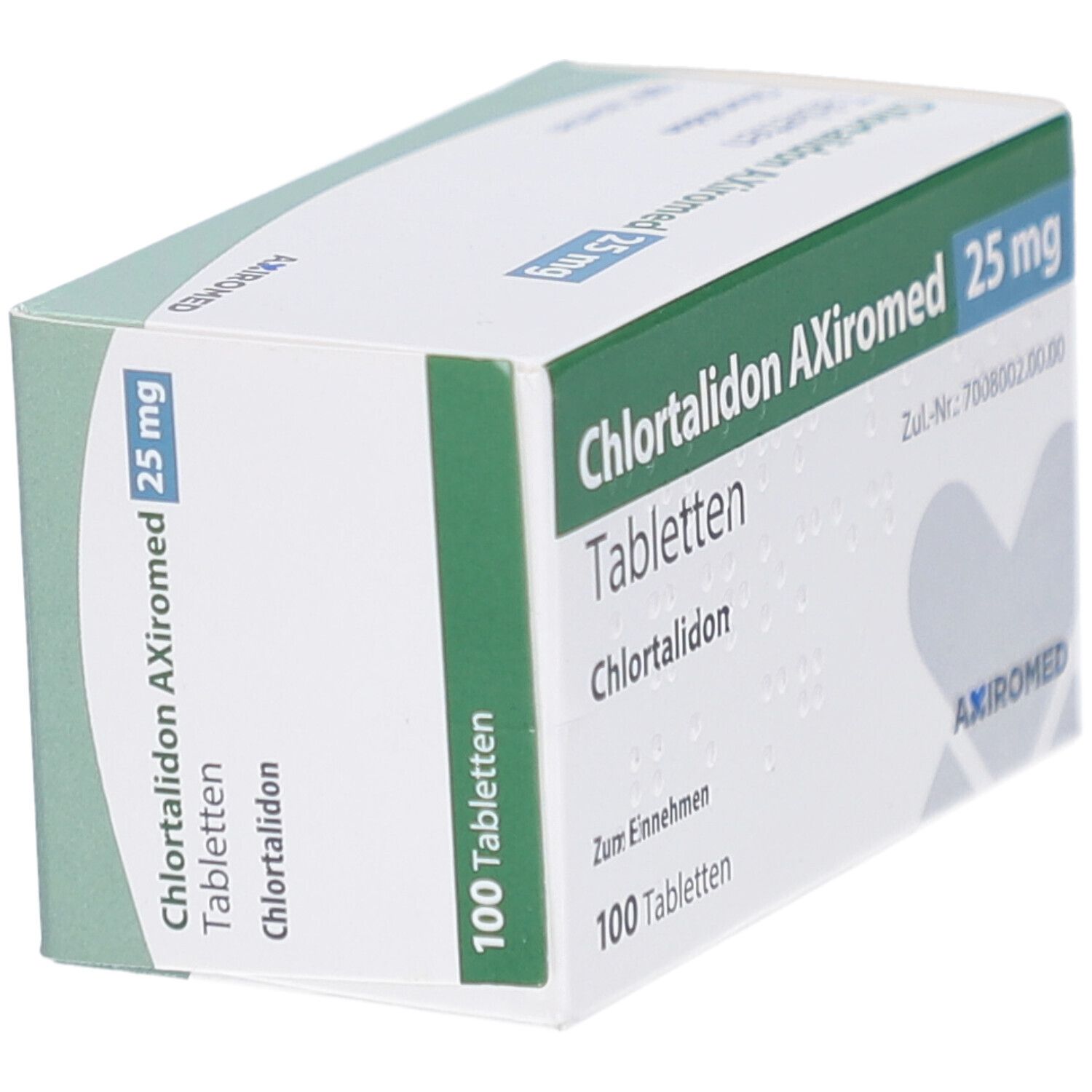 Schachtel mit Tabletten. Aufschrift: Chlortalidon AXiromed 25 mg Tabletten. 100 Tabletten. Grün-weiße Verpackung.