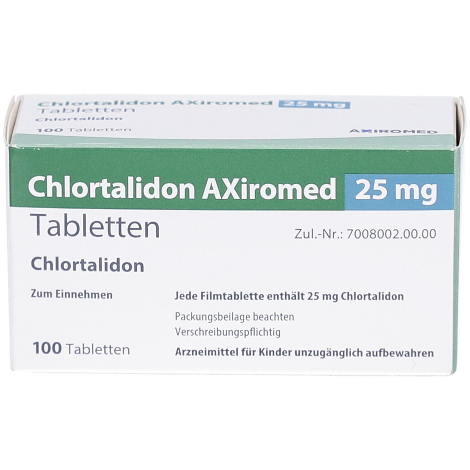 Schachtel mit Tabletten. Aufschrift: Chlortalidon AXiromed 25 mg Tabletten. 100 Tabletten. Grün-weiße Verpackung.