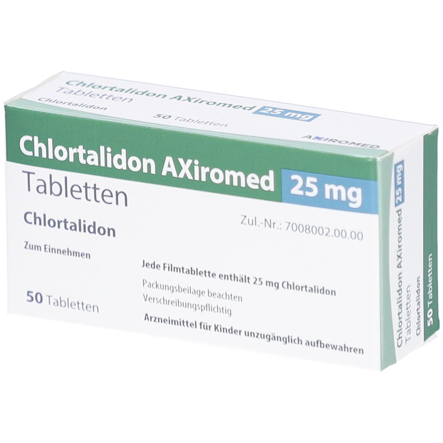 Schachtel mit CHLORTALIDON AXiromed 25 mg Tabletten. Grün-weiße Verpackung mit Produktnamen und Dosierung. 50 Tabletten.