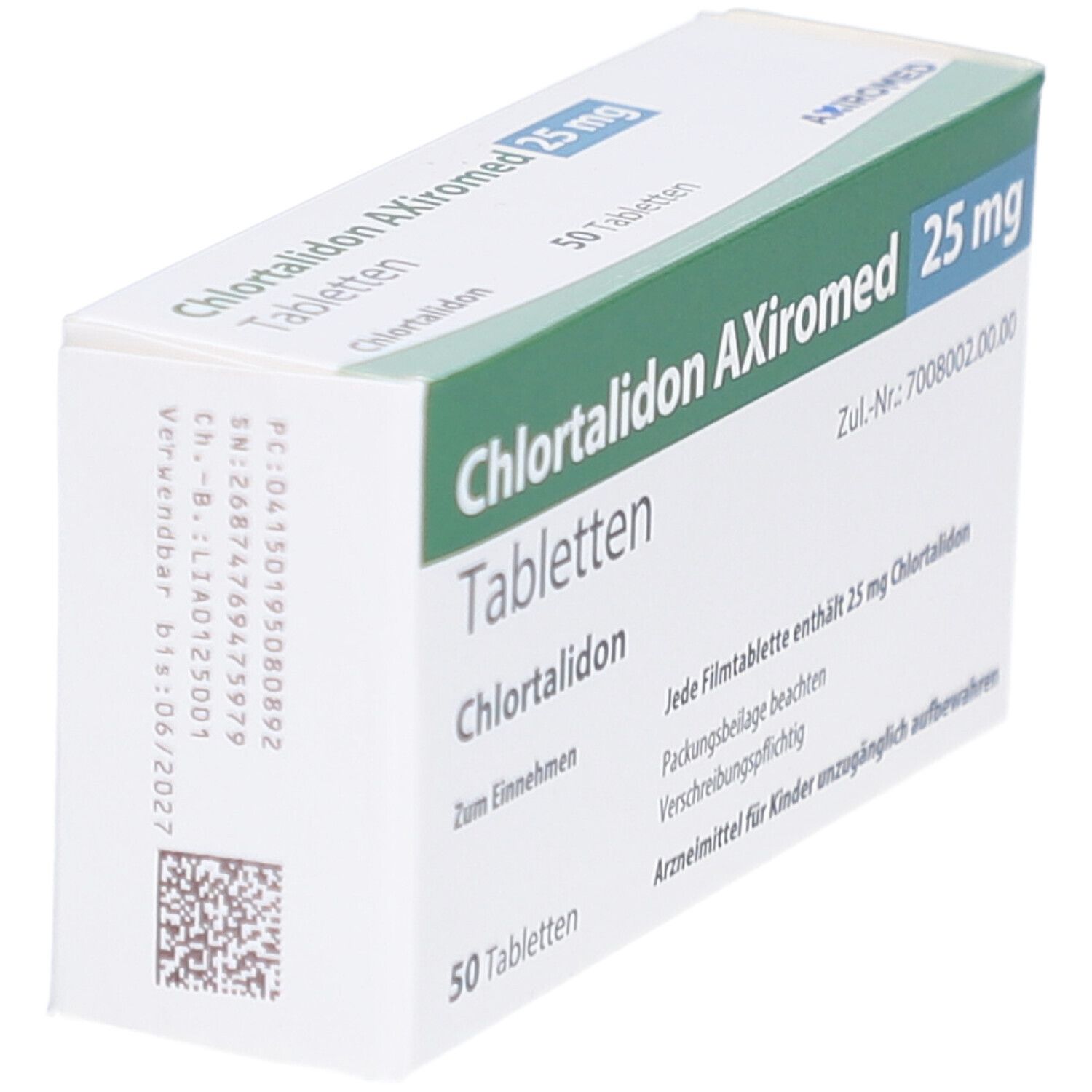 Schachtel CHLORTALIDON AXiromed 25 mg Tabletten. Grün-weiße Verpackung, Seitenansicht. Produktname, Dosierung, und 50 Tabletten.