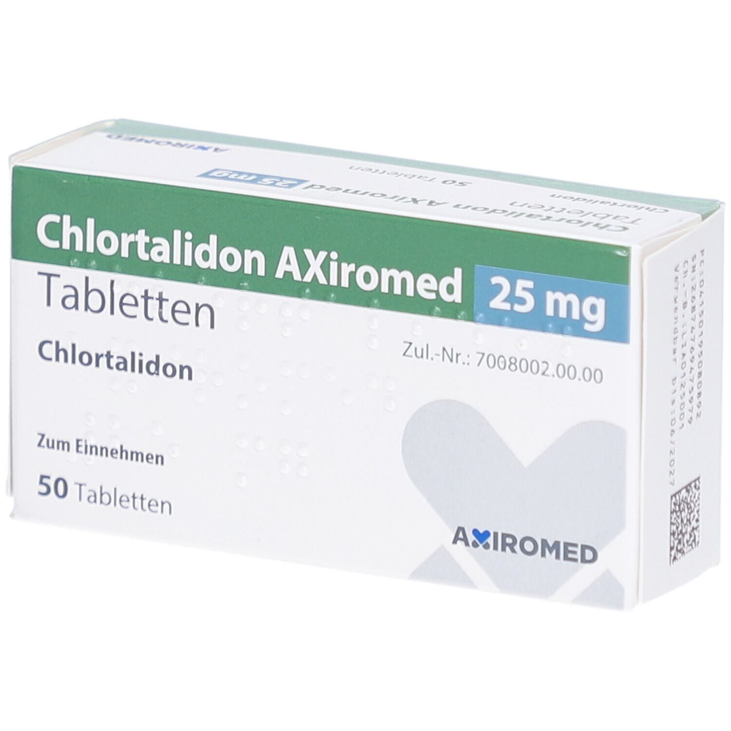 Schachtel CHLORTALIDON AXiromed 25 mg Tabletten. Grün-weiße Verpackung mit Produktnamen, Dosierung und AXiromed-Logo.