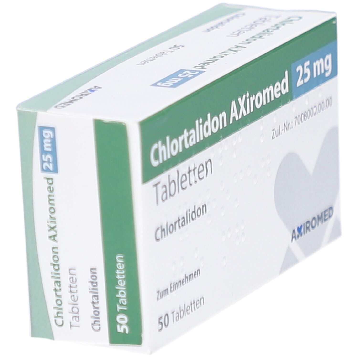 Schachtel CHLORTALIDON AXiromed 25 mg Tabletten. Grün-weiße Verpackung, schräge Ansicht. Produktname, Dosierung, 50 Tabletten.
