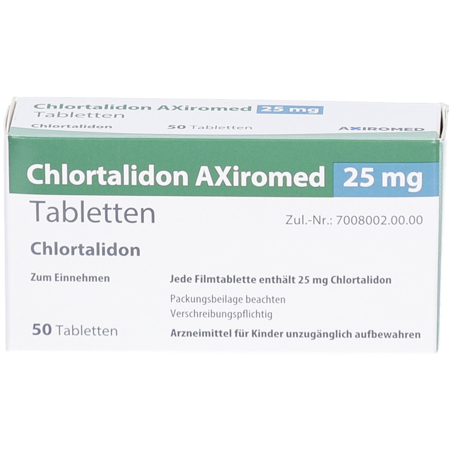 Schachtel CHLORTALIDON AXiromed 25 mg Tabletten. Grün-weiße Verpackung mit Produktnamen, Dosierung und 50 Tabletten.