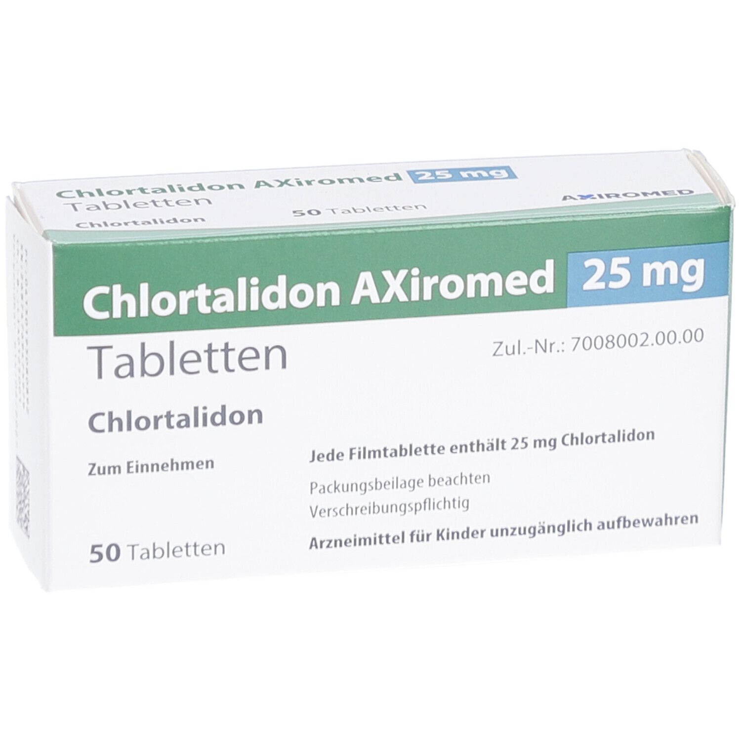 Schachtel CHLORTALIDON AXiromed 25 mg Tabletten. Grün-weiße Verpackung mit Produktnamen, Dosierung und 50 Tabletten.