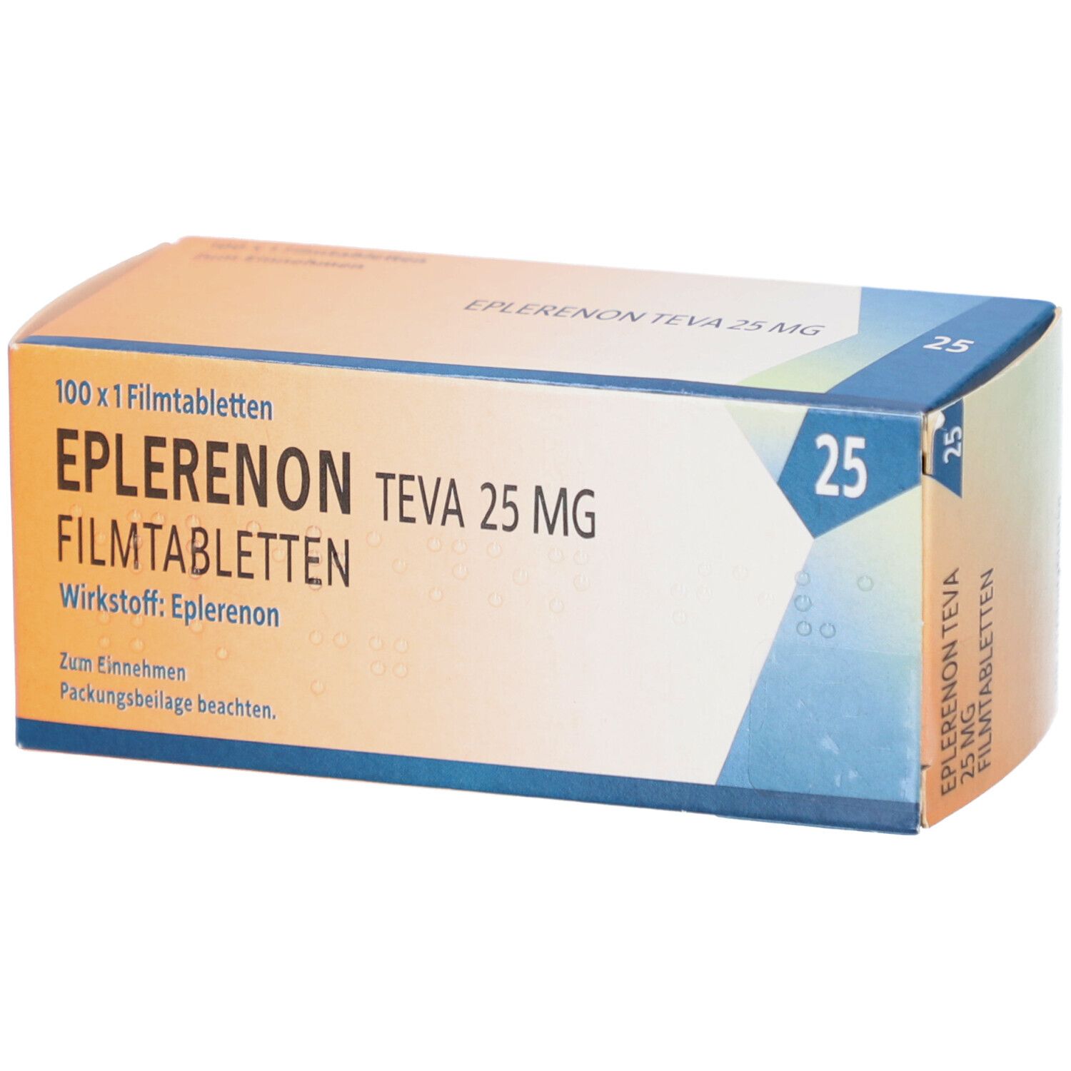 Schachtel mit EPLERENON TEVA 25 MG Filmtabletten. Aufschrift: 100 x 1 Filmtabletten. Wirkstoff: Eplerenon. Packungsbeilage beachten.