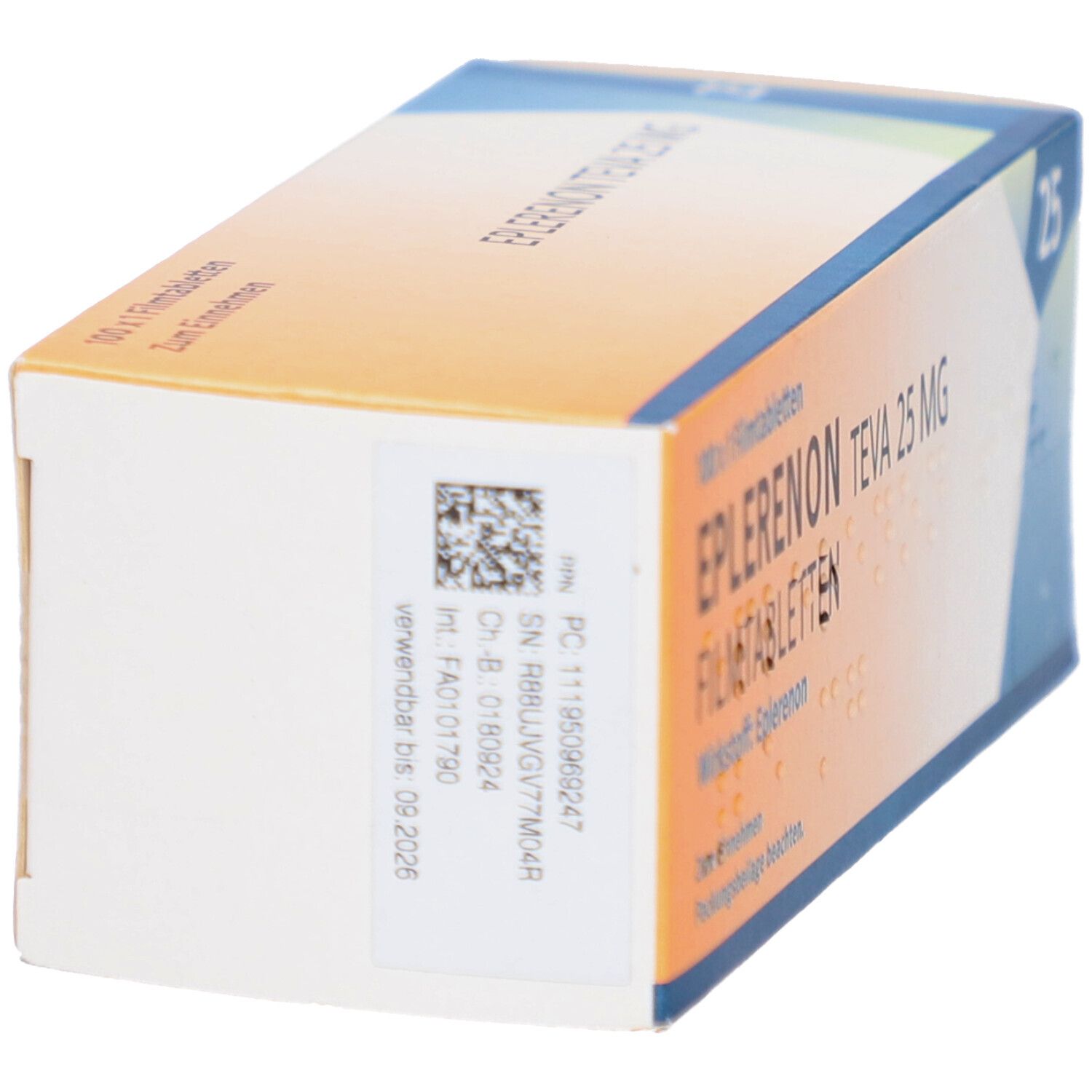 Unterseite der Schachtel mit EPLERENON TEVA 25 MG Filmtabletten. Barcode, Chargennummer, Verfallsdatum 06.2026. Herstellerinformationen.