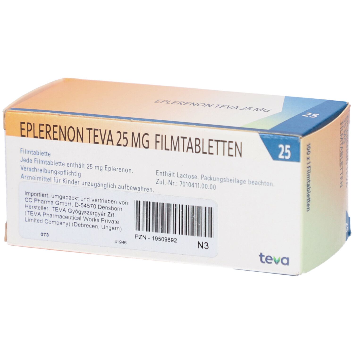 Schachtel mit EPLERENON TEVA 25 MG Filmtabletten. Aufschrift: 25, 100 x 1 Filmtabletten. Herstellerinformationen, Barcode, PZN-Nummer.