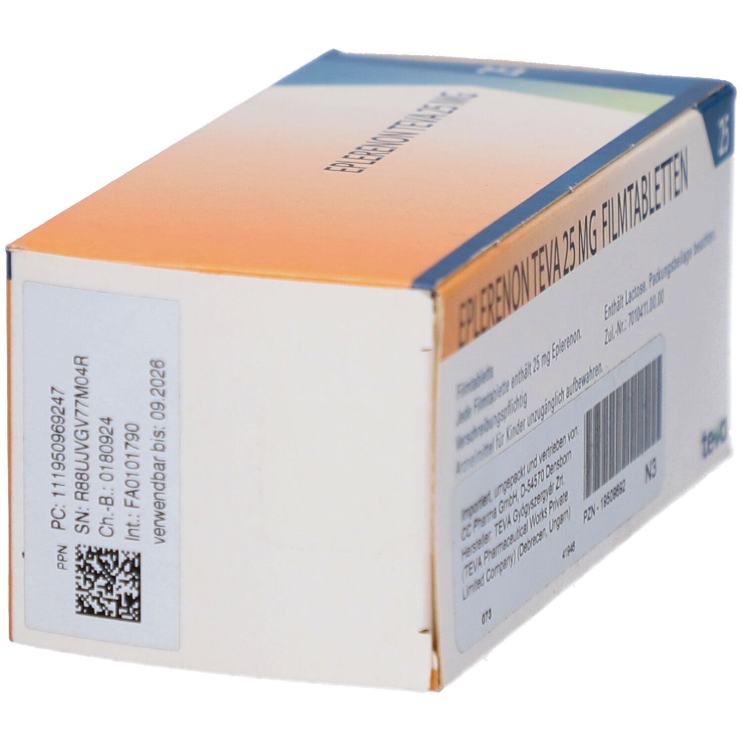 Schachtel mit EPLERENON TEVA 25 MG Filmtabletten. Barcode, Chargennummer, Verfallsdatum 09.2026. Herstellerinformationen.