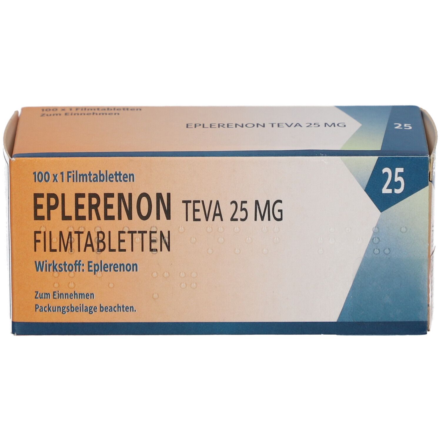 Schachtel mit EPLERENON TEVA 25 MG Filmtabletten. Aufschrift: 100 x 1 Filmtabletten. Wirkstoff: Eplerenon. Zum Einnehmen.