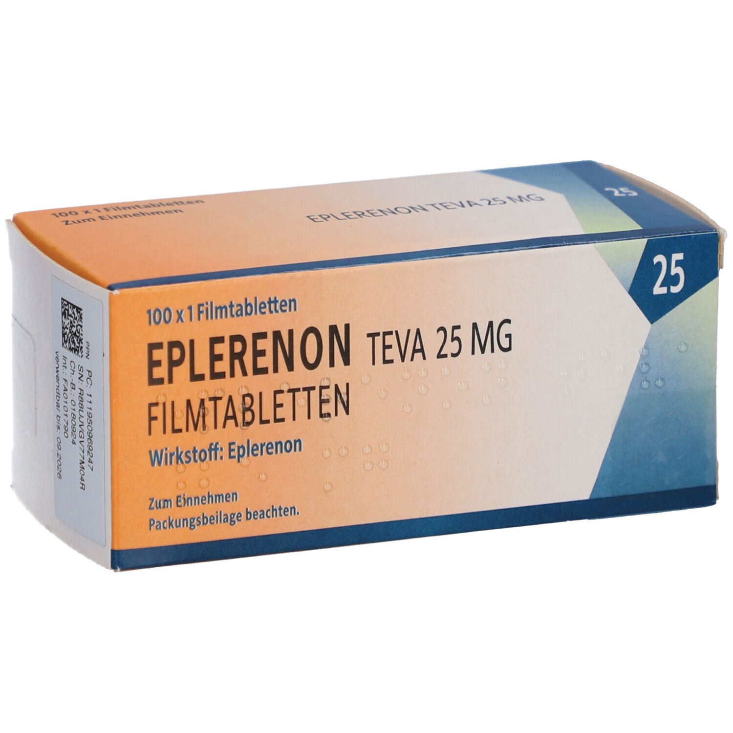 Schachtel mit EPLERENON TEVA 25 MG Filmtabletten. Aufschrift: 100 x 1 Filmtabletten. Wirkstoff: Eplerenon. Zum Einnehmen.