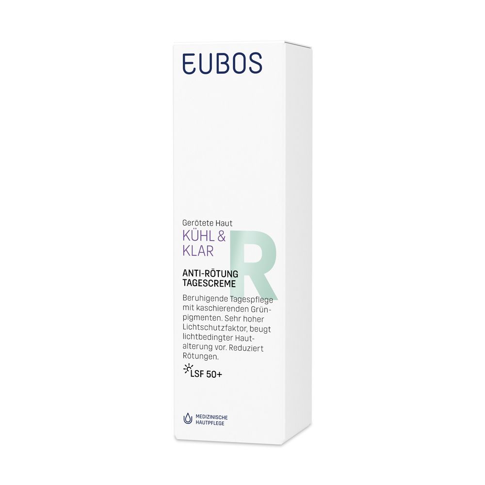 Karton mit Produktinformationen. Aufschrift: EUBOS, KÜHL & KLAR, ANTI-RÖTUNG TAGESCREME, LSF 50+.