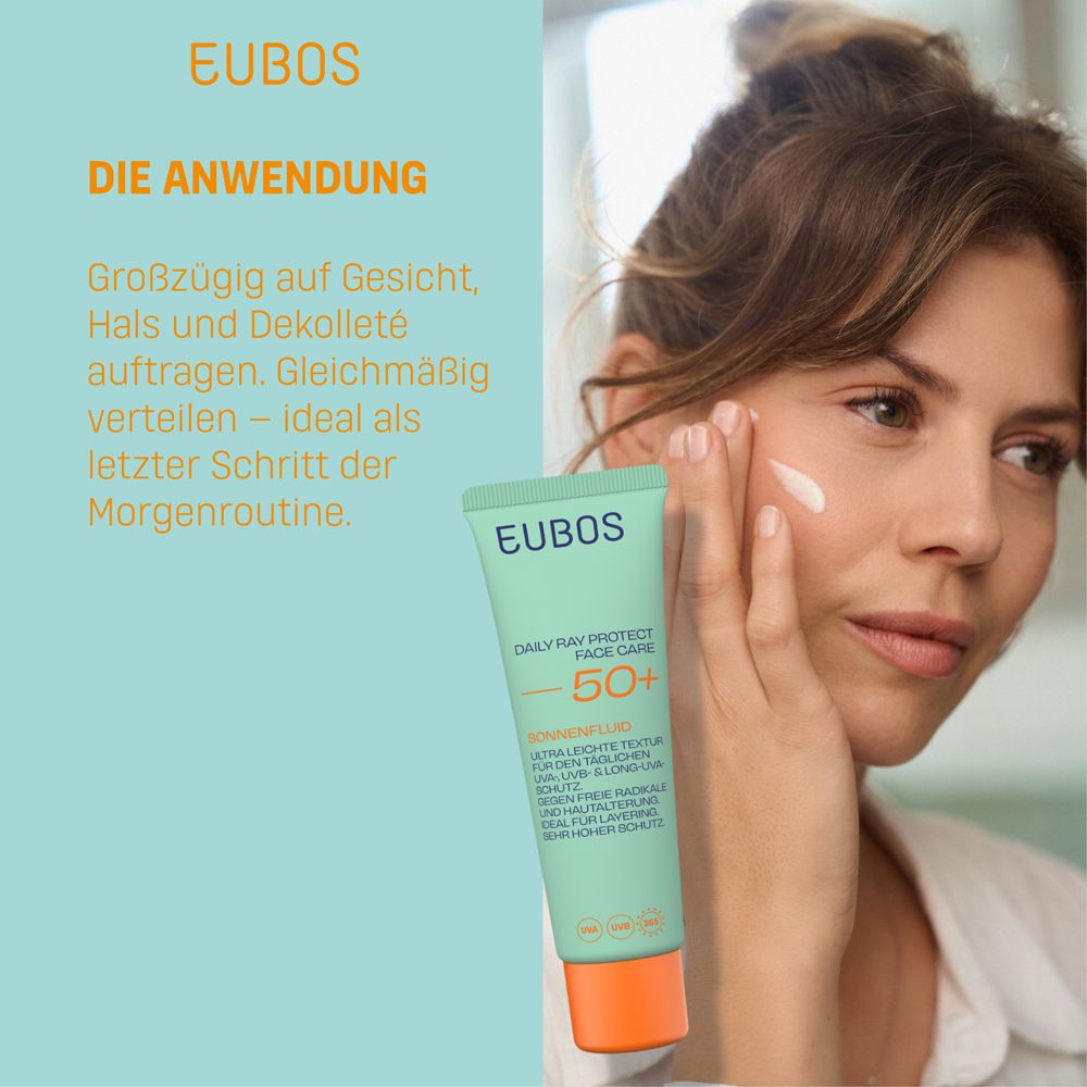 Frau trägt Sonnenfluid auf. Text: Anwendung. Auf Gesicht, Hals und Dekolleté auftragen. EUBOS.