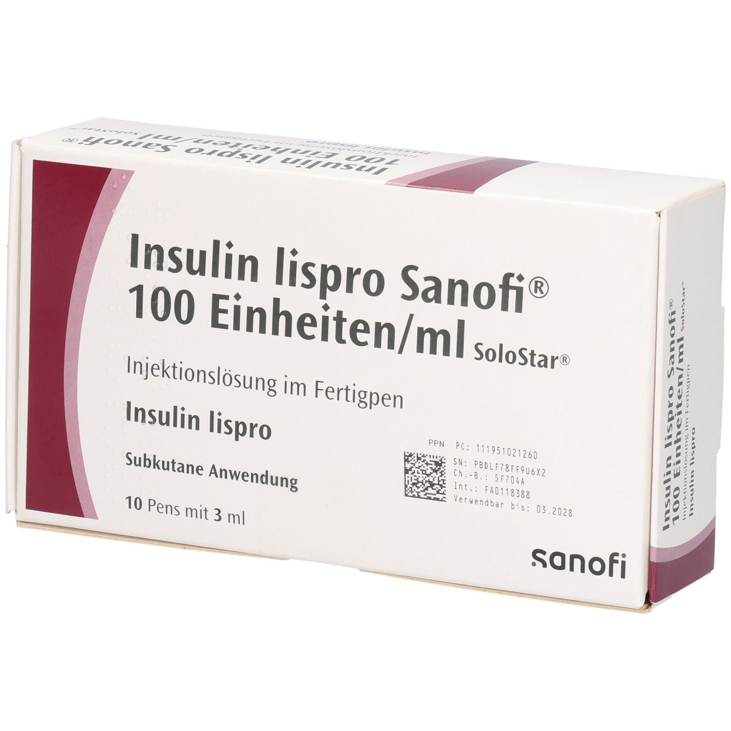 Weißer Karton mit Aufschrift Insulin lispro Sanofi 100 Einheiten/ml. 10 Fertigpens mit 3 ml. Sanofi Logo.