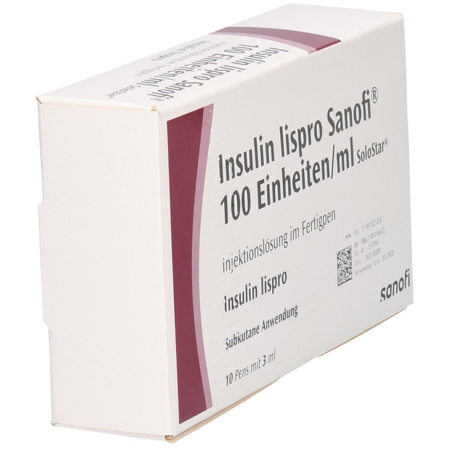 Weißer Karton mit Aufschrift Insulin lispro Sanofi 100 Einheiten/ml. Sichtbare Seite mit rotem Streifen.