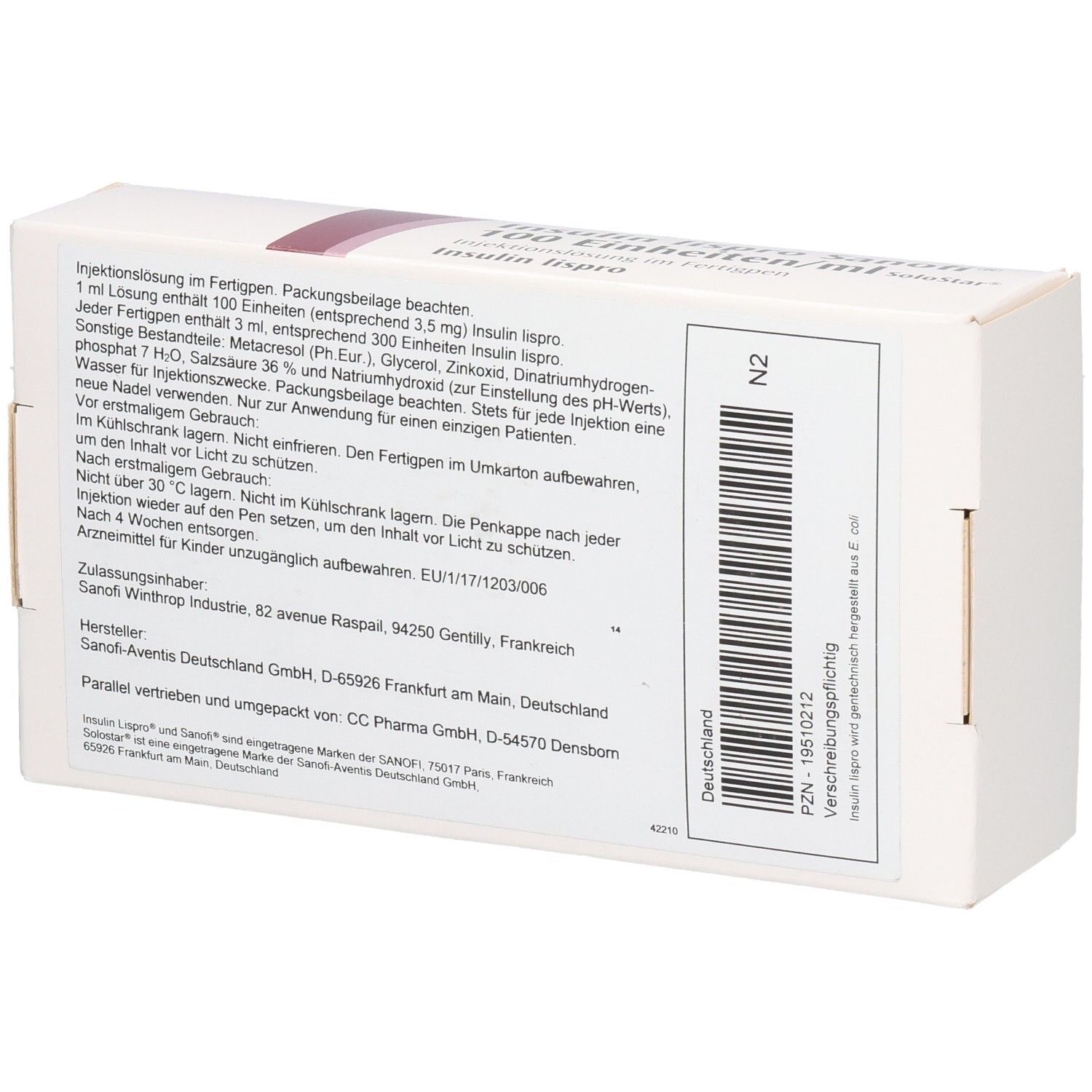 Rückseite der weißen Kartonverpackung mit Text. Enthält Informationen zu Inhaltsstoffen und Hersteller.