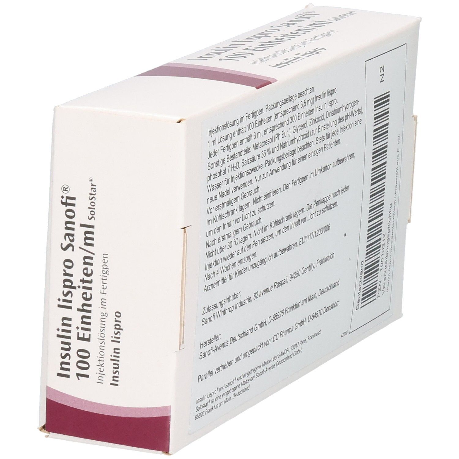 Schrägansicht der weißen Kartonverpackung mit Text. Enthält Informationen zu Inhaltsstoffen und Hersteller.