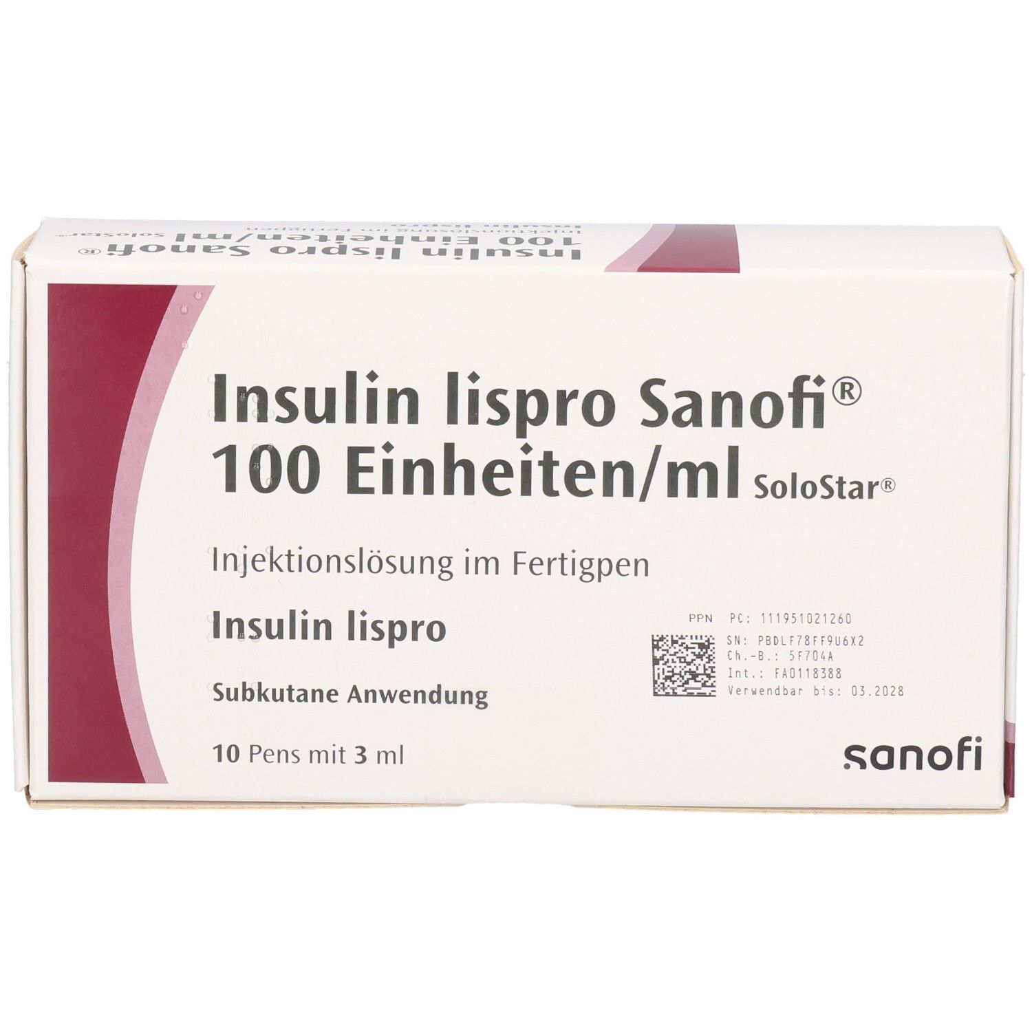Weißer Karton mit Aufschrift Insulin lispro Sanofi 100 Einheiten/ml. 10 Fertigpens mit 3 ml. Sanofi Logo.