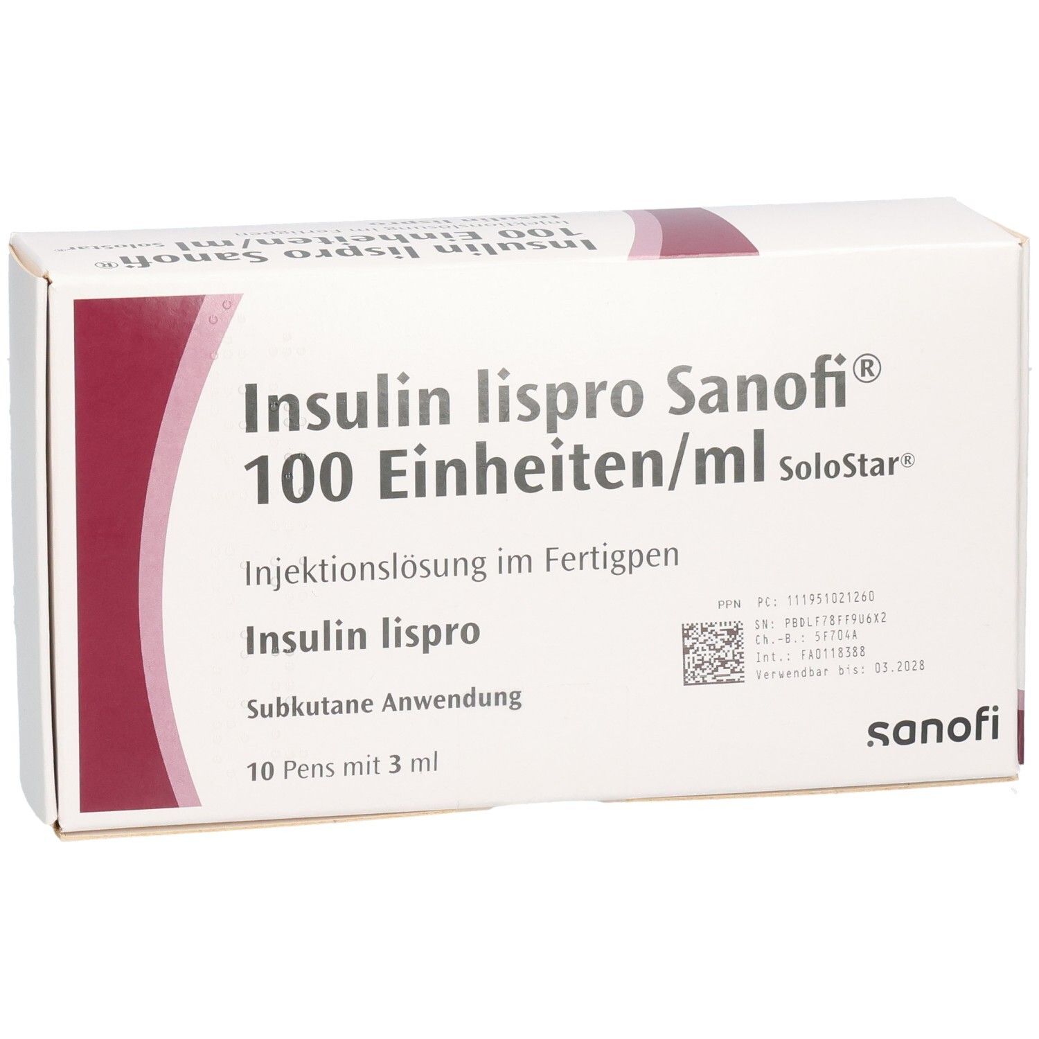 Weißer Karton mit Aufschrift Insulin lispro Sanofi 100 Einheiten/ml. 10 Fertigpens mit 3 ml. Sanofi Logo.